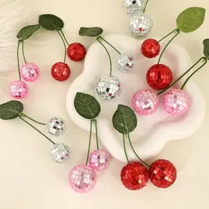 Party Hanging Ornaments | Trending 3Pcs Cherry Mirror Ball Pendant Decor, Leaf Accent Disco Ball Hanging Props, Cute Fruit Style Party Decorations For Birthday Arrangement, Dessert Table Styling, Holiday Party & Summer Themed Indoor Decor Supplies