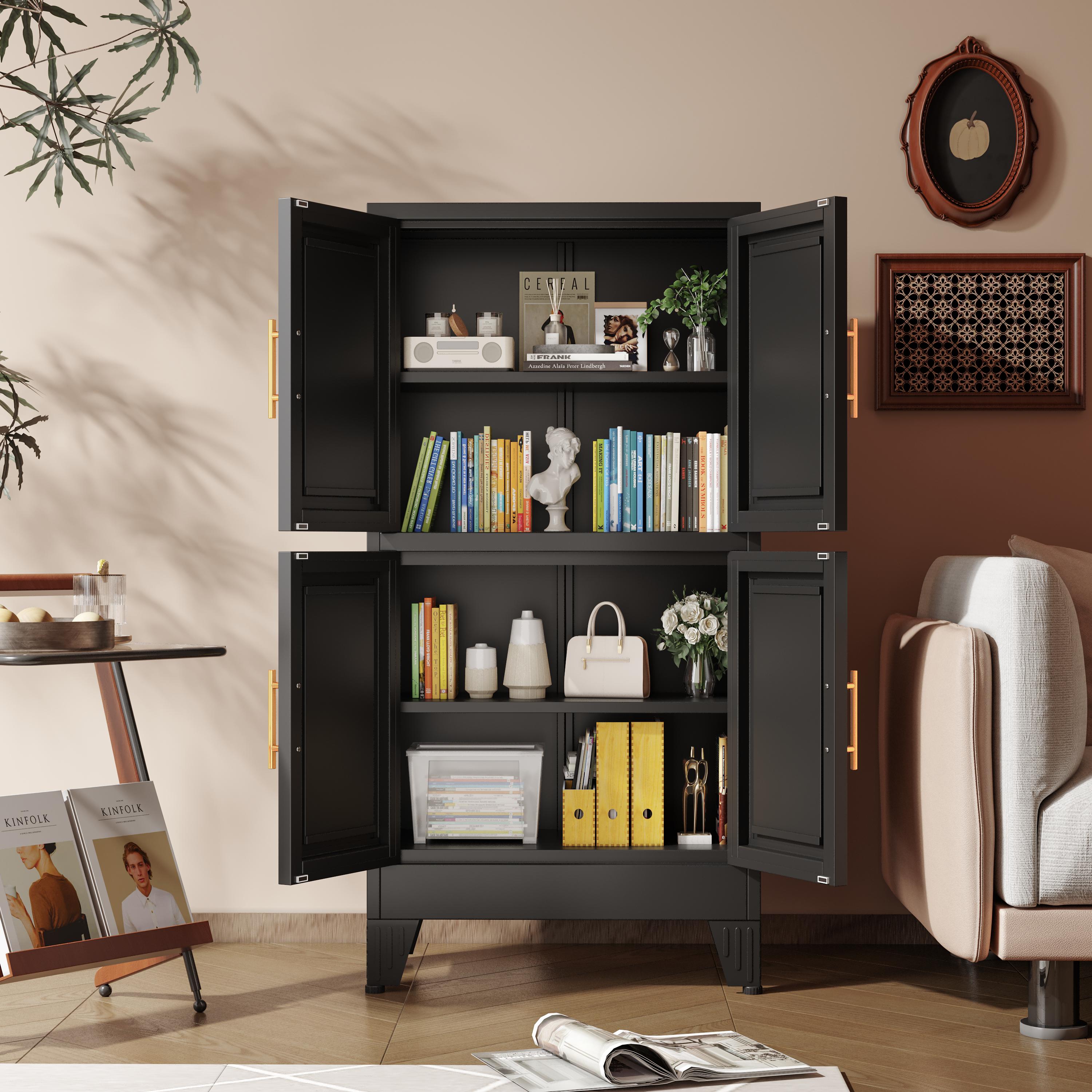 Kitchen Pantry Cabinet 47" Tall Metal Storage with Doors & Adjustable Shelves Black Freestanding Organizer for Kitchen Dining Room Living Room Laundry Room Minimalist Drawer Tower