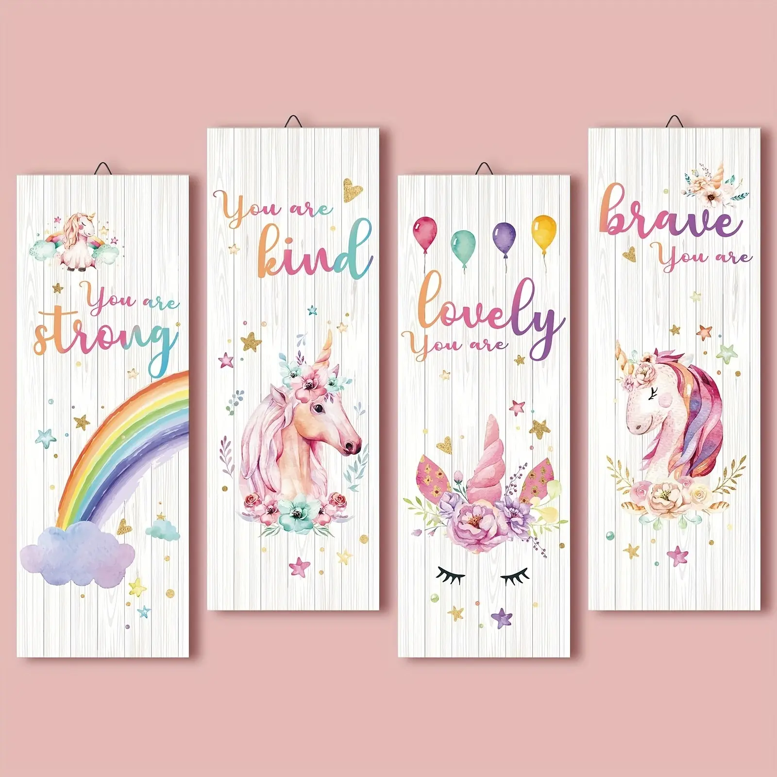 Wooden Unicorn Rainbow Home Wall Decor Set - 4-Piece Inspirational Quotes Wall Art for Bedroom, Living Room, and Playroom - Peel and Stick Easy Install Daughter Girls Decor