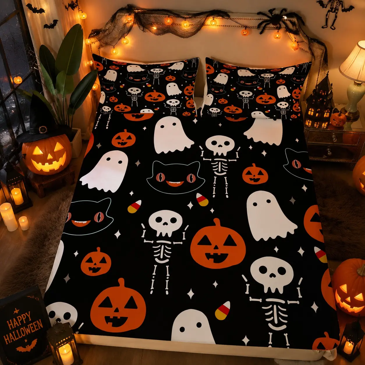 Halloween Skull Ghost Pumpkin Candy Cat Print Bed Sheet Set, Ultra-Fine Fiber Bed Sheet with 2 Pillowcases, Teen Dorm Room Decor