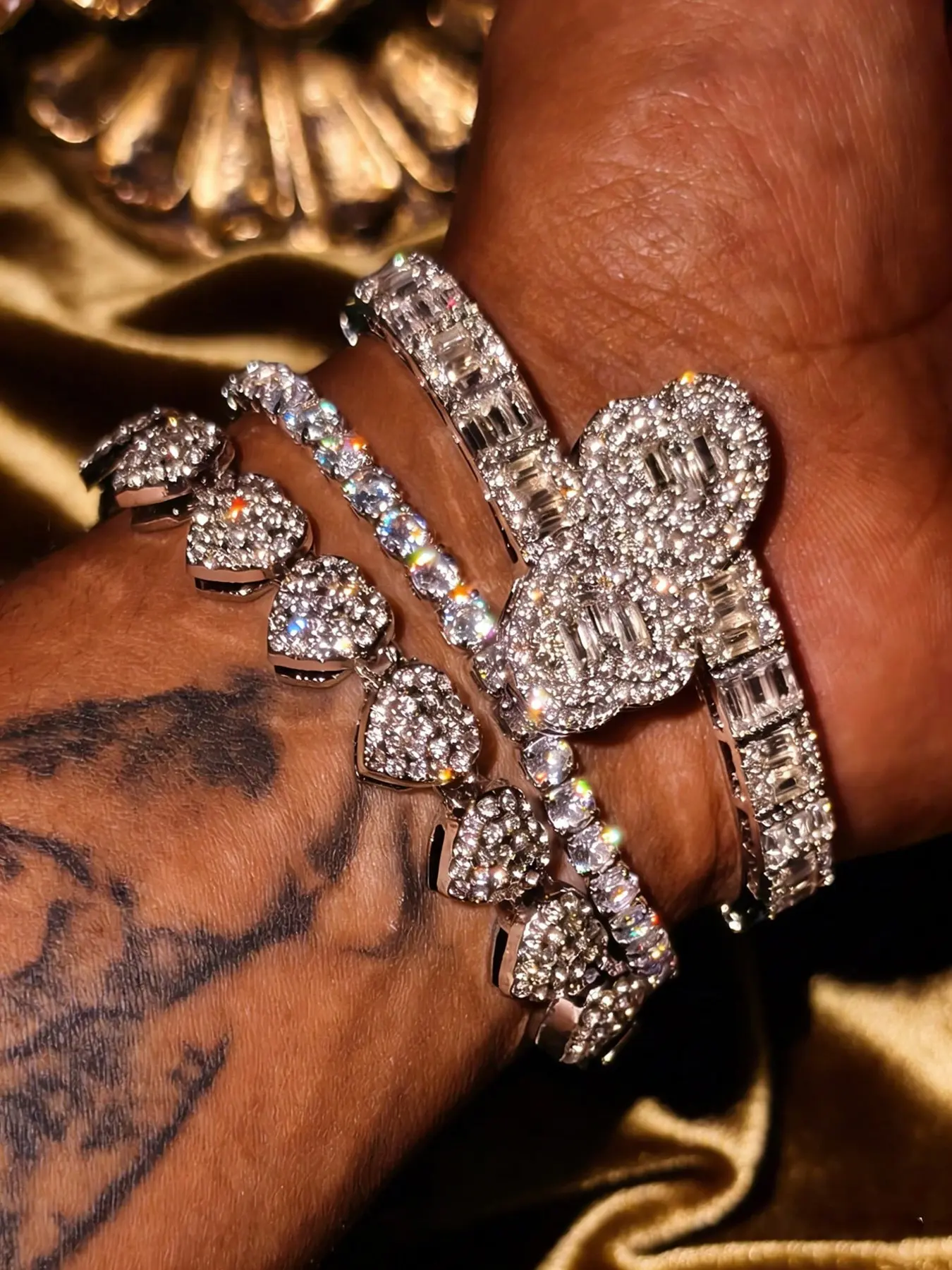 1/3Pcs Copper Inlaid Stainless Steel Heart Rhinestone Open Bangle Set with Full-Pavé Cubic Zirconia & Zircon Heart Tennis Chain. Light luxury hip-hop stackable sparkling bangles, Adjustable Fit Bangle, daily women jewelry, perfect holiday gift