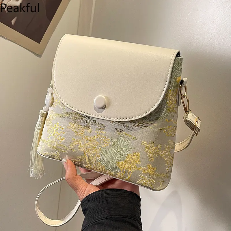 Retro Oriental Garden Embroidered Cell Phone Purse,Premium mixed fabric of textured brocade and soft faux leather, perfect for weekend market trips, afternoon tea dates and cultural-themed outings
