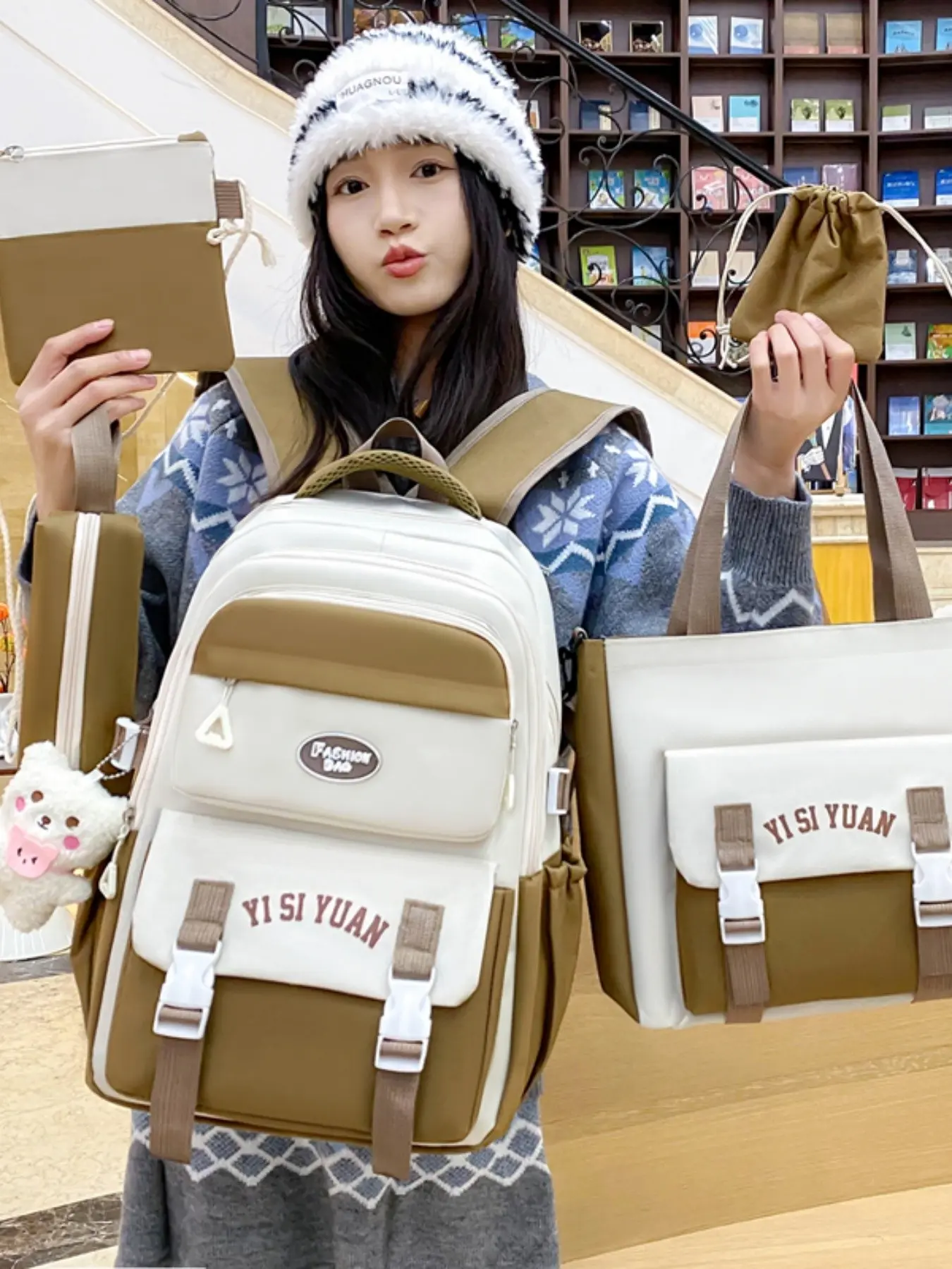 2026 New Colorblock Student Backpack Set, Sweet College Style, Large Capacity, Includes Homework Bag, Pen Case, Small Pouch, All Seasons