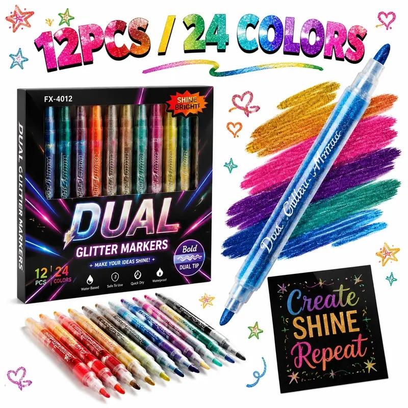 12PCS 24 Colors Dual Color Shimmer Markers are designed with rich glitter pigments and smooth-flowing ink. Every marker contains two dazzling colors, making it easy to add bright accents, elegant details, and sparkling effects to your creative projects.