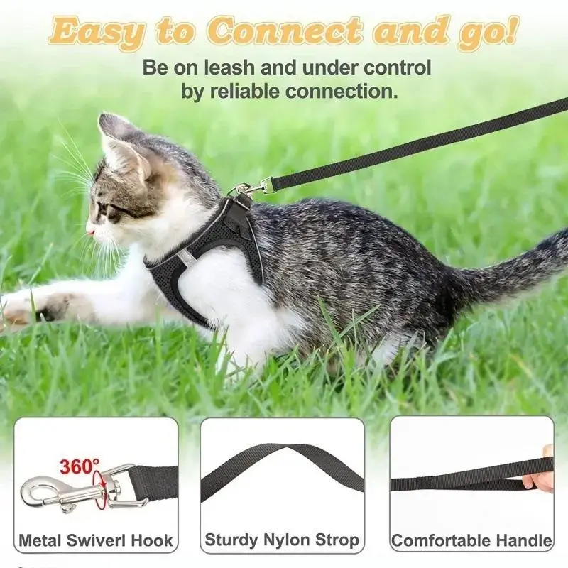 Reflective Breathable Mesh Cat Harness And Leash Set, Anti Escape Adjustable Soft Walking Vest For Small Kittens Under 13 Lbs, Lightweight Safe Outdoor Walking Training Summer Pet Accessory