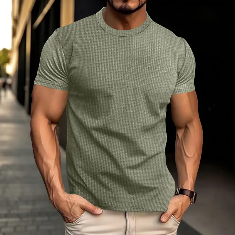 Men's Lightweight Waffle T-Shirt - Short-Sleeve Crewneck, Relaxed Fit, Stylish Textured Knit Fabric, Summer Casual Solid Pullover Top, Tshirt, Shortsleeve, Loose, Menswear, Streetwear, Polyester, Round Neck, Soft, Waffle Knit, Crew Neck, Machine Washable,