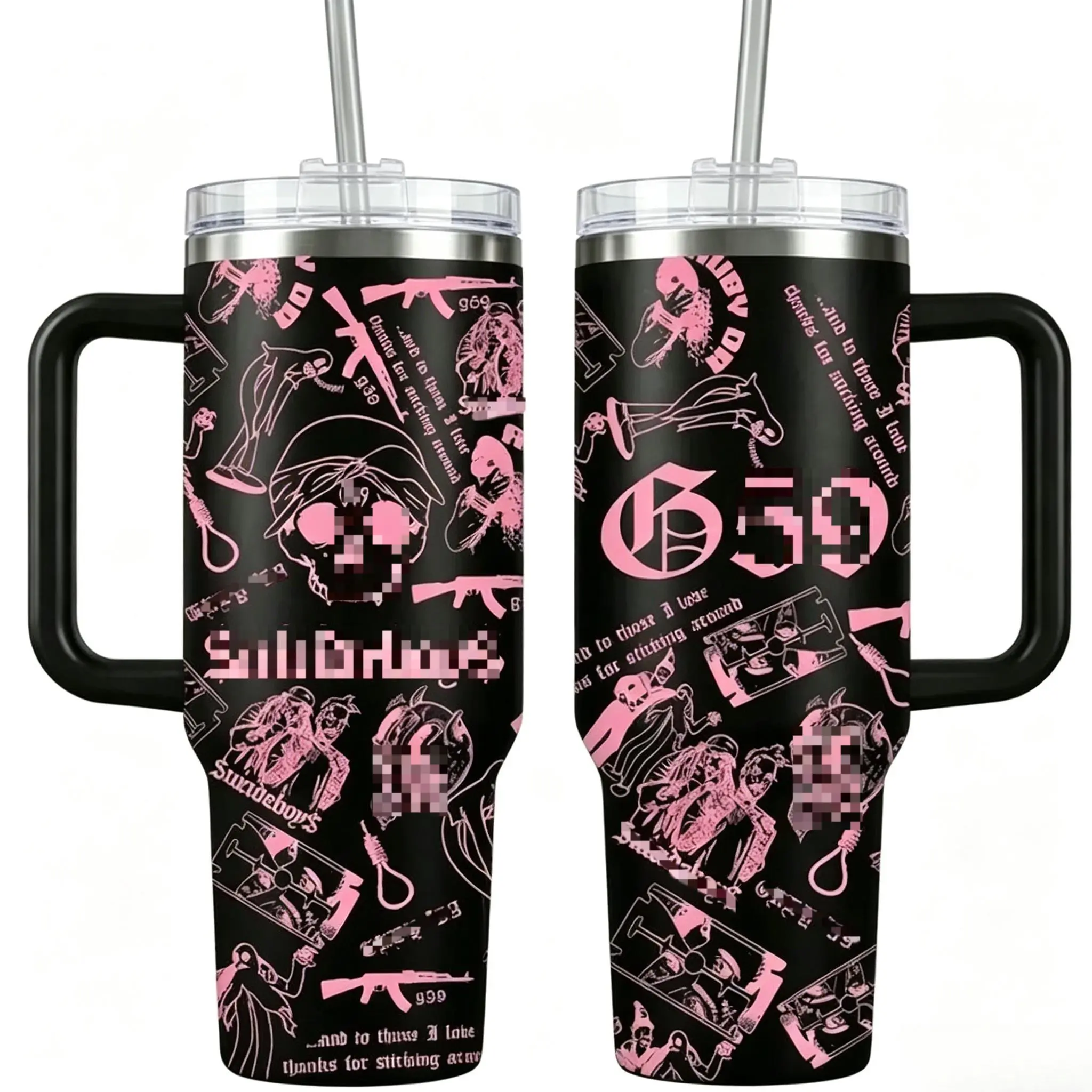 40oz Insulated Tumbler, Multicolor Skull Collage Aesthetic Travel Mug, Dark Trap Goth Underground Rap Style Cup, Premium Stainless Steel Heat Cold Retention Drinkware