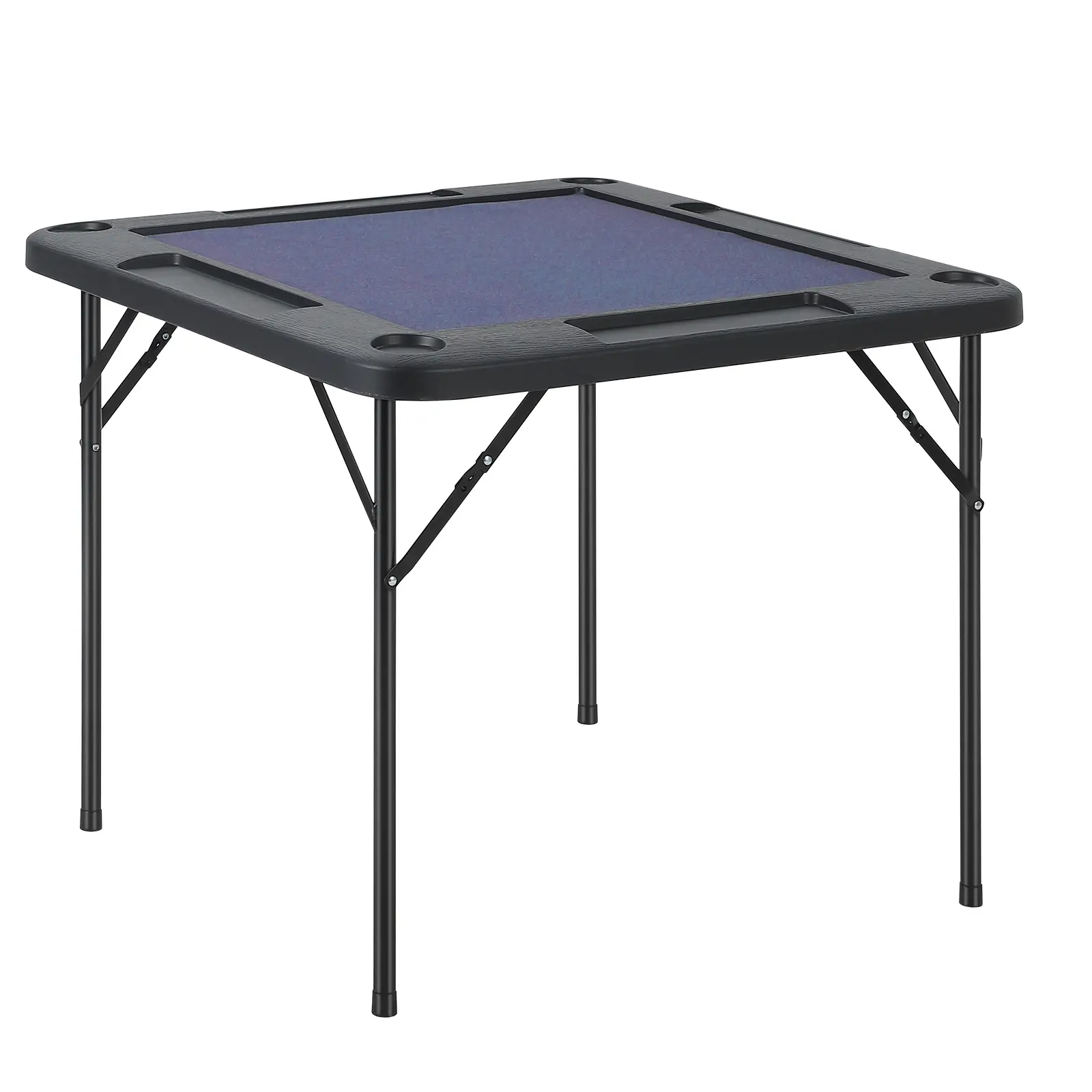 34.5" Square Folding Mahjong Table with Blue Felt Surface, 4 Player Game Desk with Cup Holders & Chip Trays for Poker, Dominoes & Puzzles