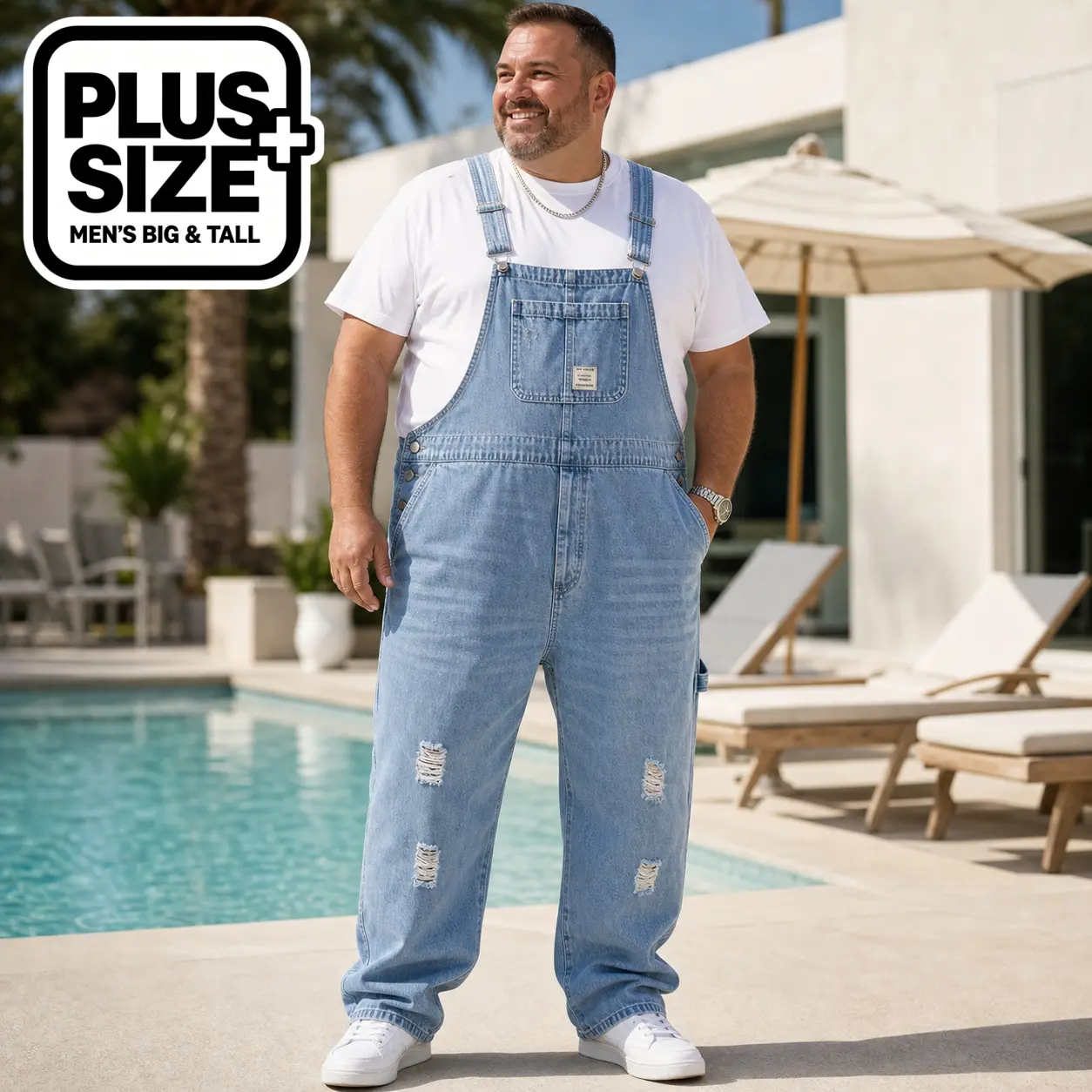 Men's Plus Size Denim Overalls, Retro Loose-Fit Cargo Jumpsuit with Zipper & Adjustable Straps, Distressed Cotton Blend Fabrics, Polyester, Menswear Jumpsuits Overalls Loose Pant Overalls