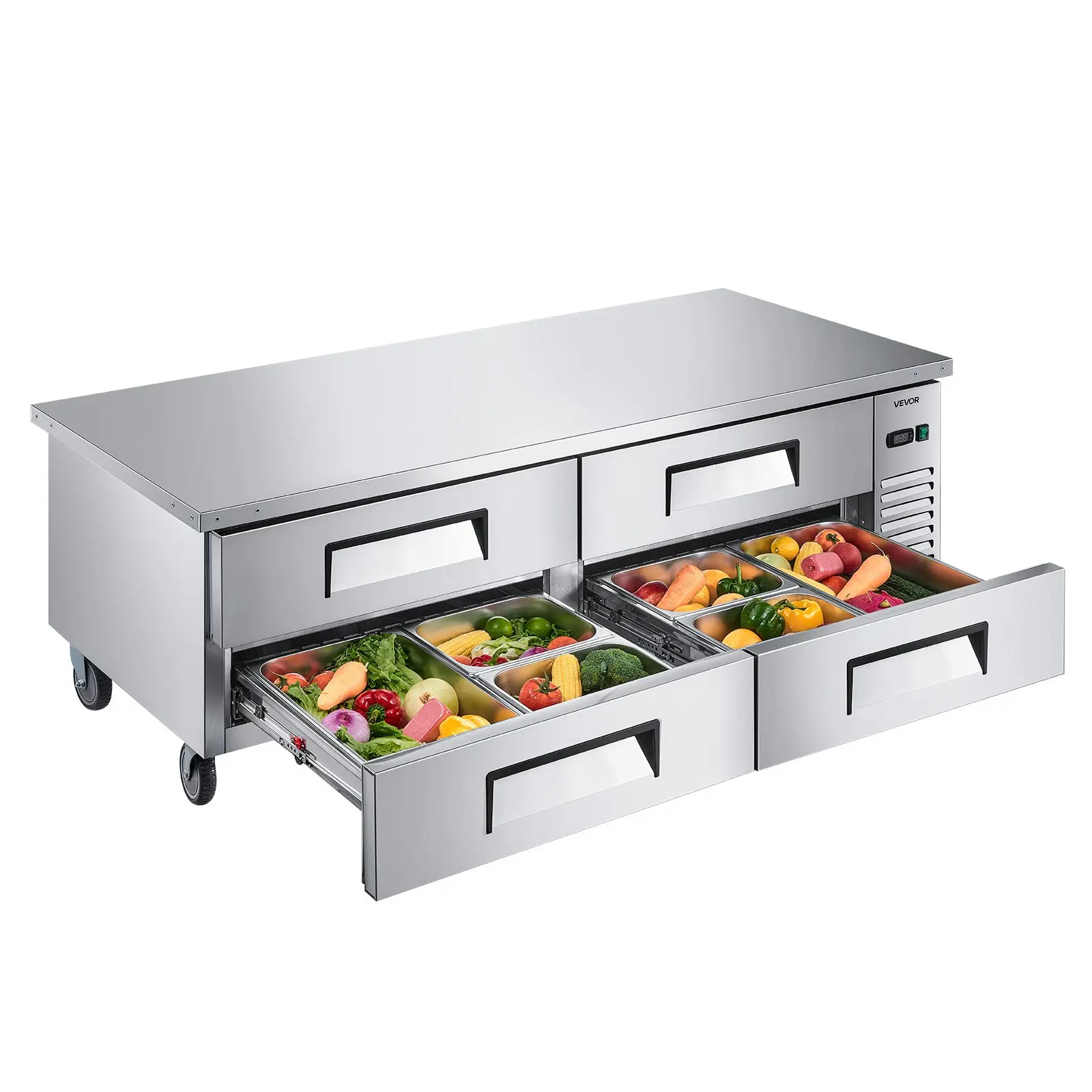 VEVOR 72" W Commercial Chef Base Refrigerator for Snack Shop, 4-Drawer Under Counter Fridge with 12 Pans Stainless Steel, 1840x810x660 mm, 225w, 242.51 lbs Heavy-Duty Unit with Invisible Door Handle