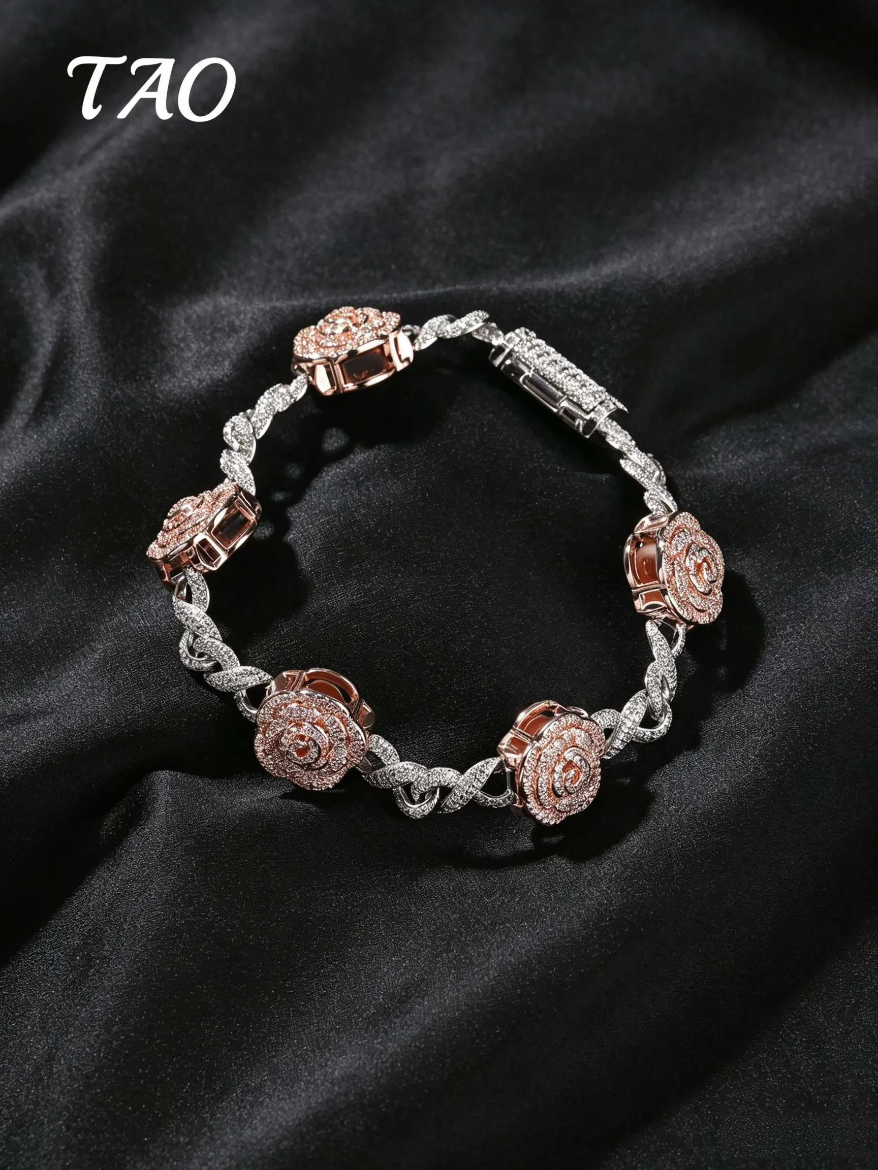 TAO-Creative Rose Flower Bracelet, Luxurious Zircon Embedded, Hip Hop Style, Unisex, Perfect Gift for Birthday and Anniversary