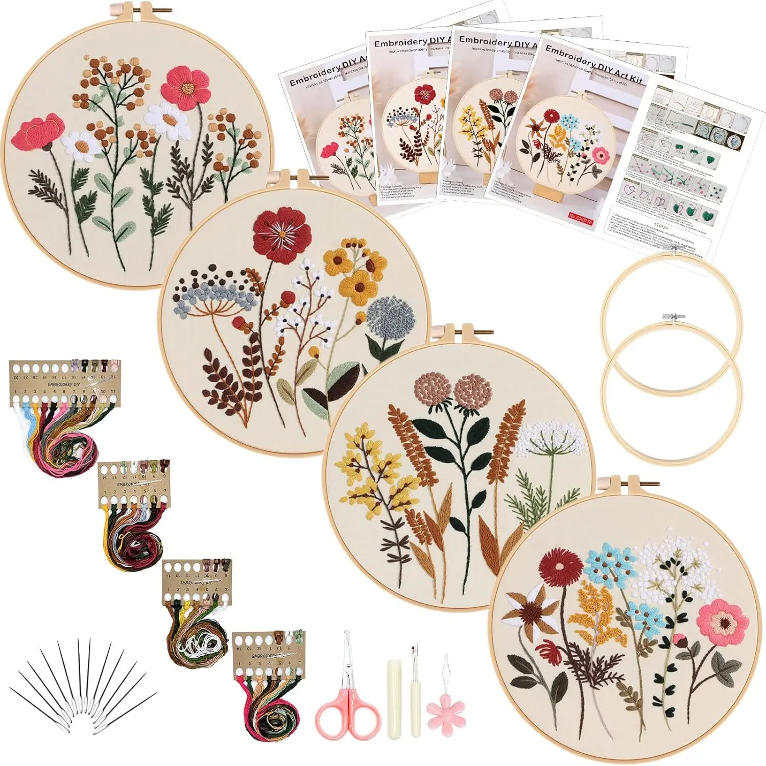 4pcs Flower Embroidery Kit for Beginners with Pattern and Instructions, 4 Pack Cross Stitch Kits, 2 Wooden Embroidery Hoops, Threads and Needles, Needlepoint Kit for Adults
