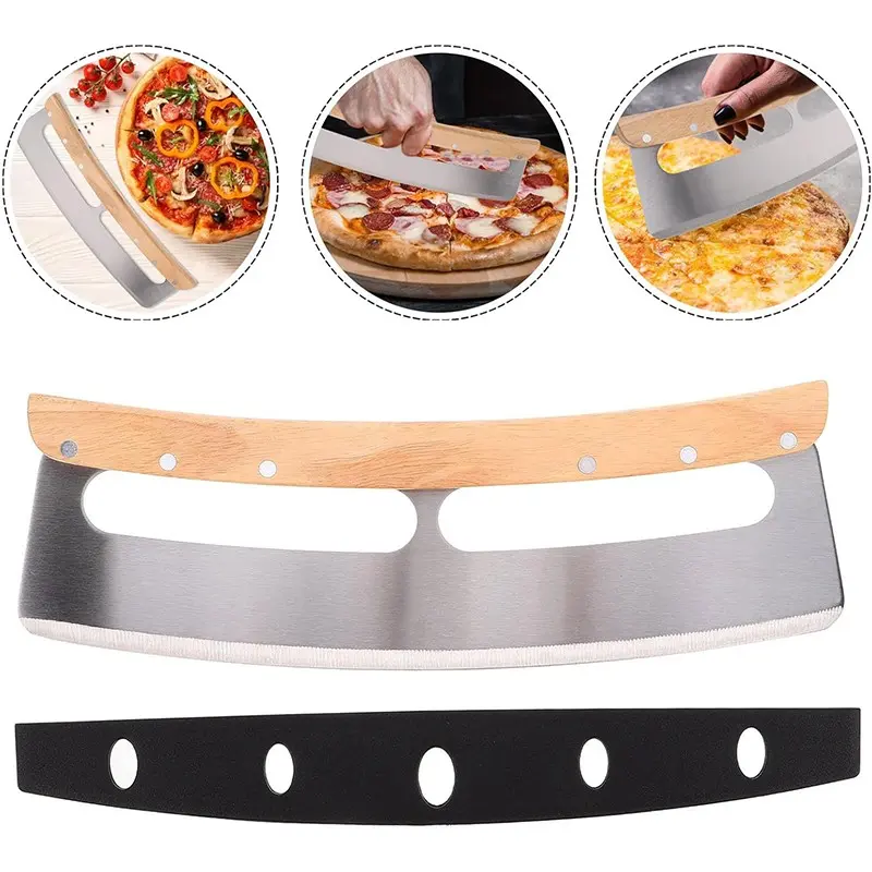 Pizza Cutter with Wooden Handle and Protective PP Cover, Stainless Steel Pizza Slicer Wheel, Kitchen Baking Tool for Easy Cutting