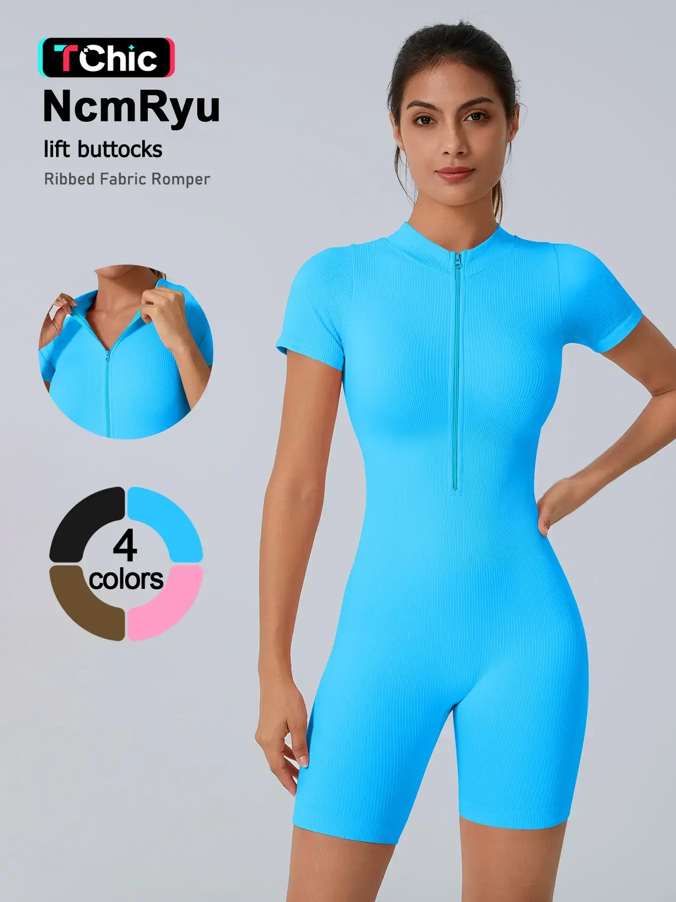 Women's Sportswear Bodysuit, Slim Fit Design, Invisible Zipper, Adjustable Neckline, Ribbed Knit Fabric, Tall and Slender Look, Shorts Jumpsuit, Summer Sports Jumpsuits