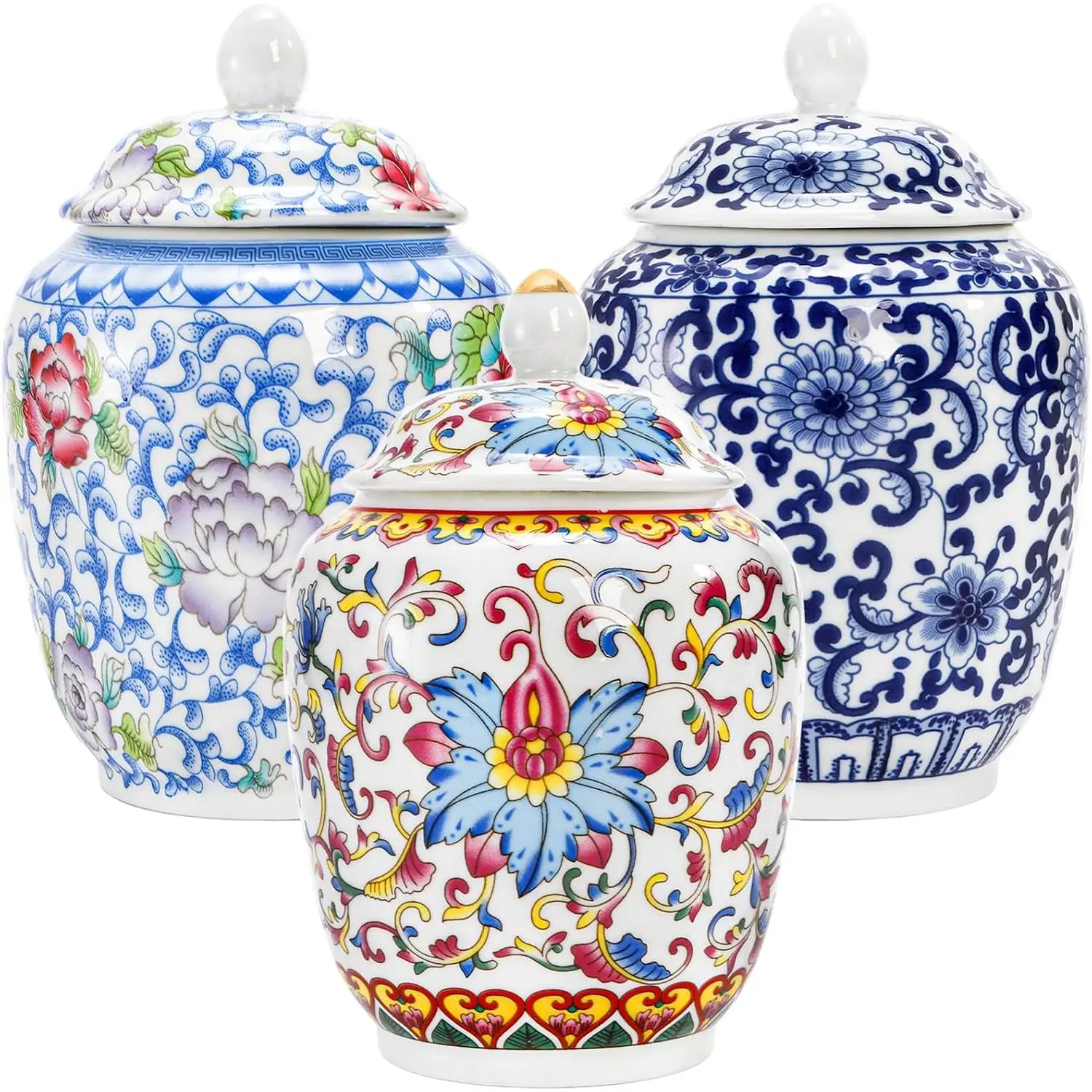 3-Piece Modern Blue and White Ceramic Salt Cellar Set with Airtight Lids, 250ml Coffee Jar Canister, Kitchen Countertop Seasoning Crocks