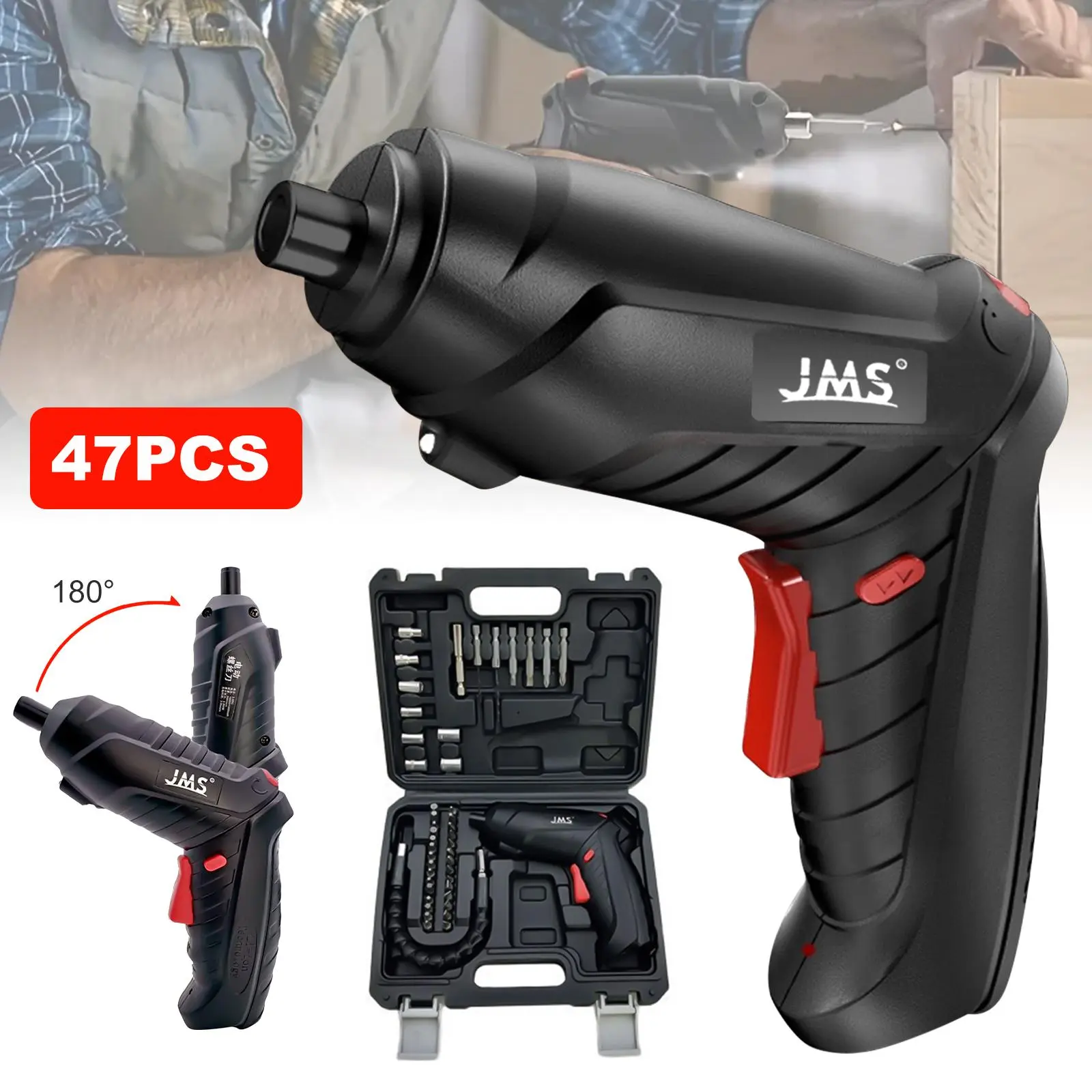 【BackToSchool】3.6V Lithium Ion Battery Wireless Cordless Impact Screwdriver Set - 3.5Nm Max Torque, 1.8Ah USB Rechargeable Tool with LED Light, 47-Piece Accessory Kit, Black, Tools and Gadgets