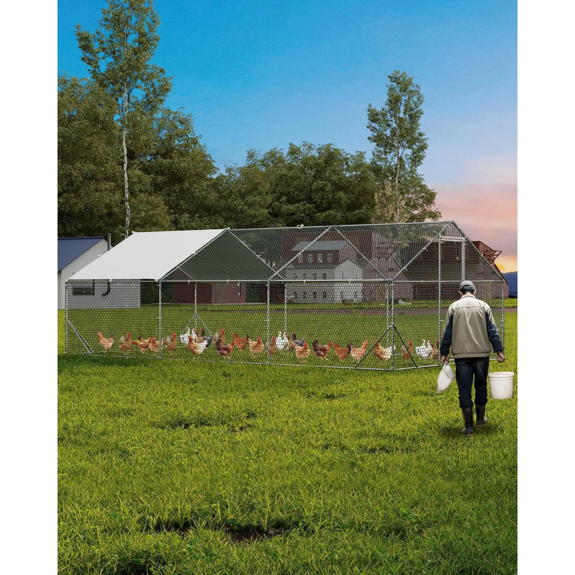 Garvee Large Metal Chicken Coop Upgrade Tri-Supporting Wire Mesh, 9.8' W x 19.7' L x 6.6' H Walk-in Poultry Cage, Chicken Run Pen House with Waterproof & Anti-Ultraviolet Cover & Lockable Doors for Outdoor