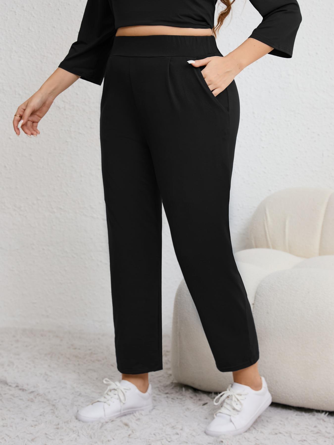 Plus Size Solid Plicated Pocket Elastic Waist Joggers, Casual Sporty High Waist Trousers for Women, Women's Sportswear for Indoor Outdoor Wear, Women Workout Clothes