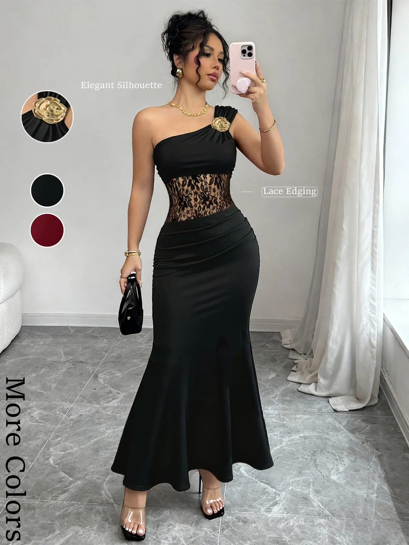Women's single-shoulder metallic flower fish-tail gown, featuring a one-sided off-shoulder design, waist and belly lace applique figure-hugging evening dress, Evening wear, with a mature style, perfect for weddings, parties, and formal guest attire