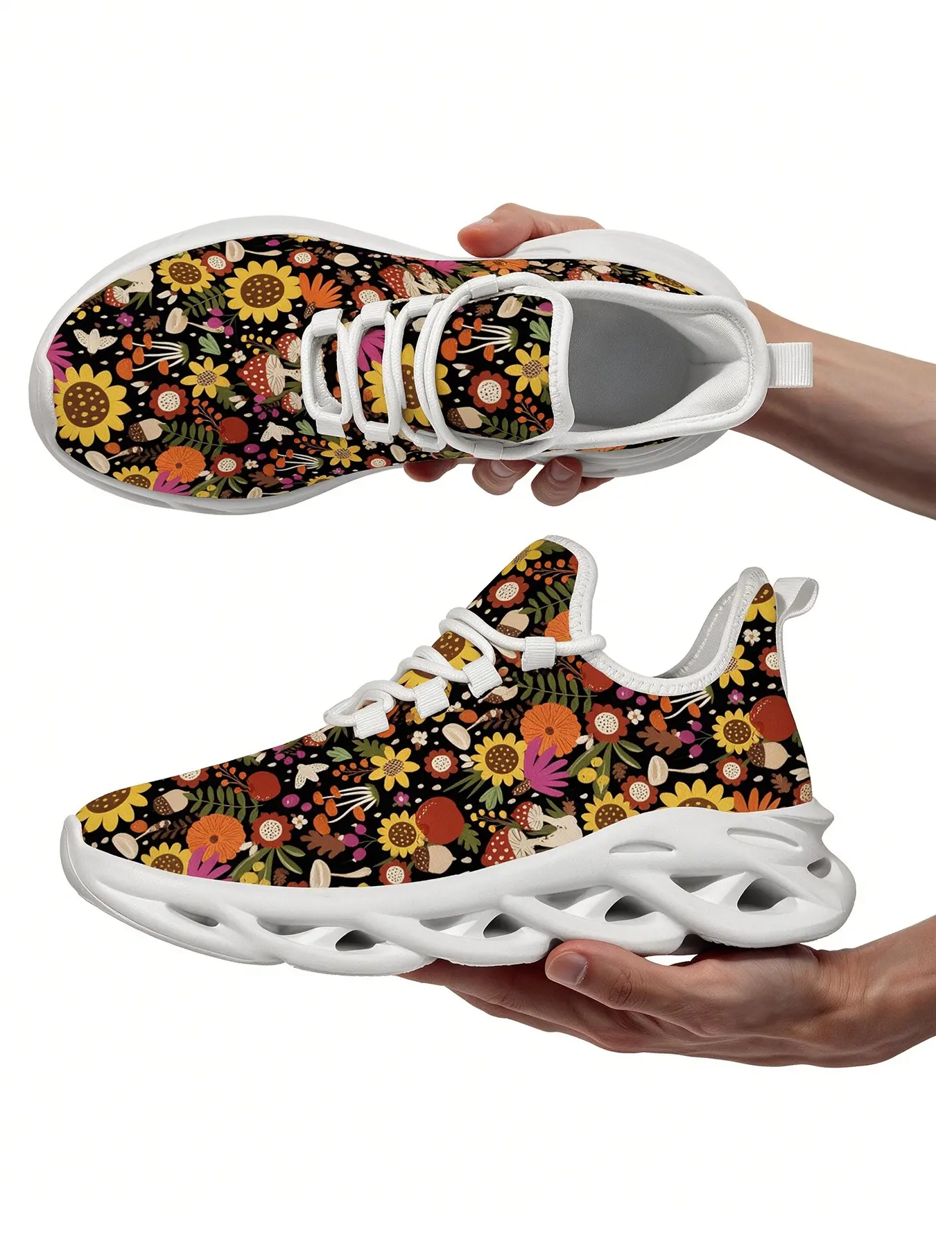 Unisex Adult Lace Up Trainers Boho Autumn Sunflower Floral Mesh Sneakers Lace Up Hollow Blade Sole Athletic Shoes Mixed Wild Flower Mushroom Retro Botanical Pattern Trendy Street Sneakers