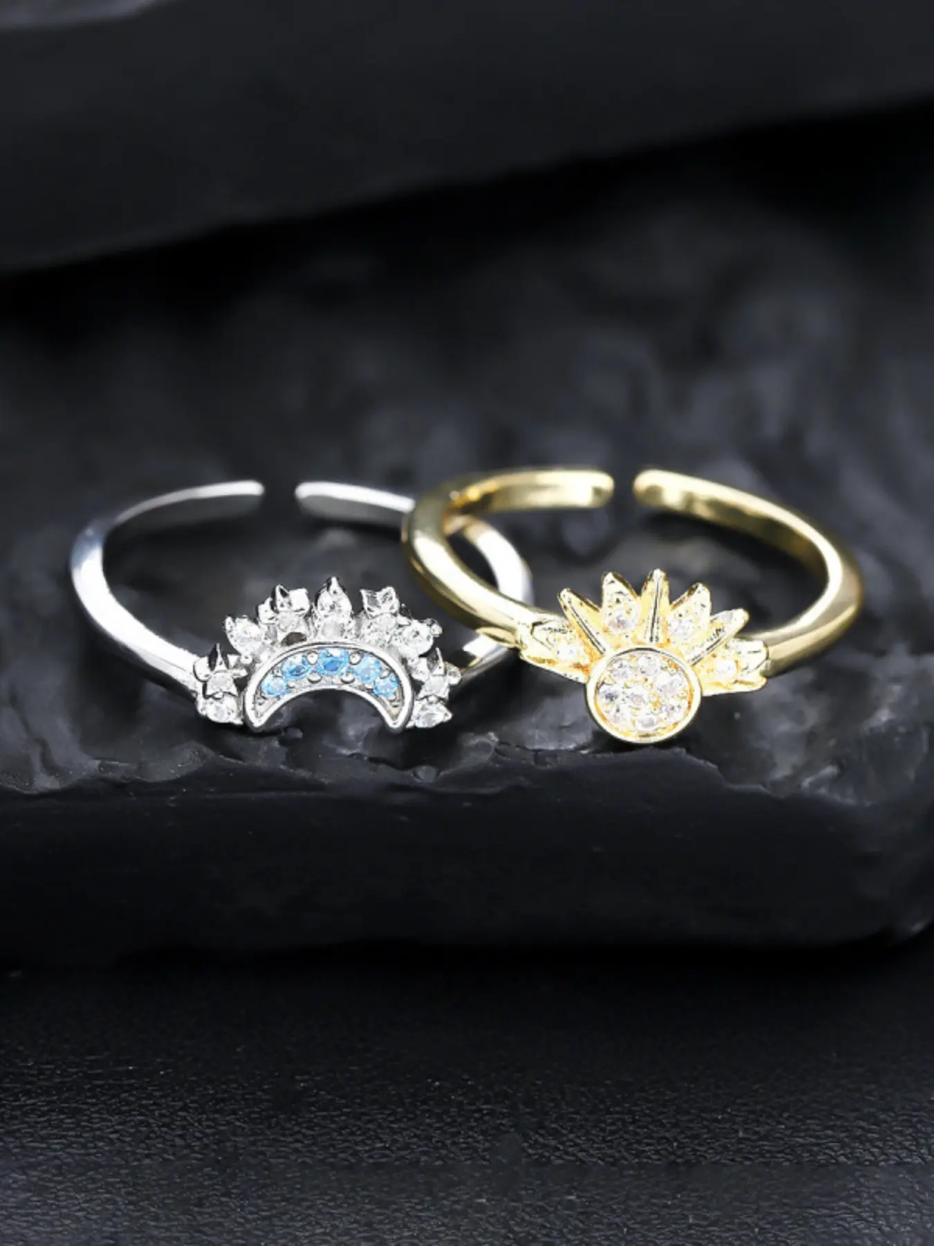 Sun And Moon Couple Open Rings Set, Gold Silver Plated Cubic Zirconia Adjustable Matching Promise Rings For Women Men Lover Jewelry Gift