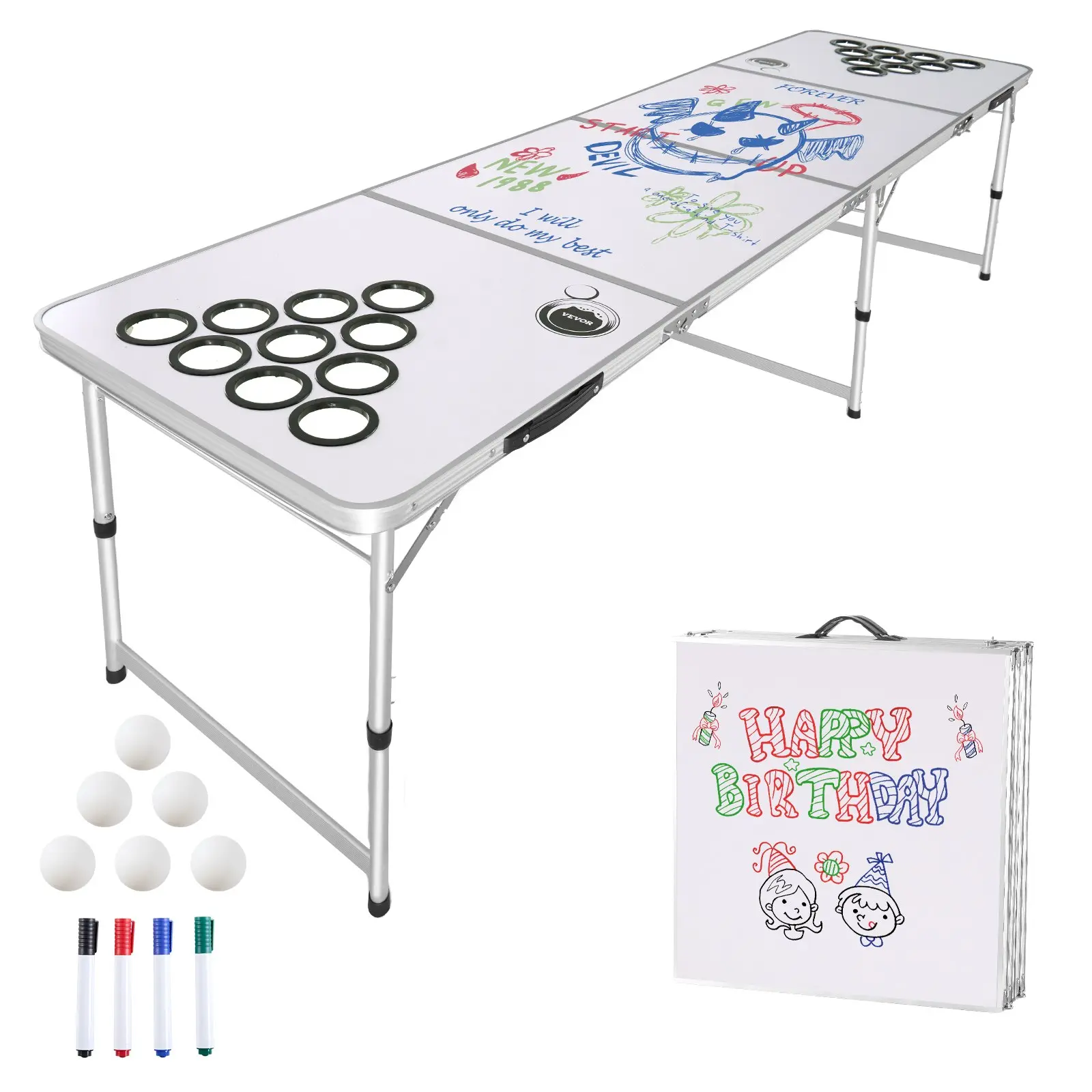 VEVOR 8 Foot Portable Beer Pong Table, Folding Tailgate Table, Cup Holes, Dry Erase Markers and Carrying Handles, Adjustable Height, Lightweight Table for Office, Tailgate Party Camping, White