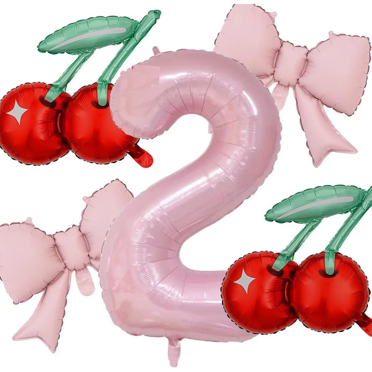 5Pcs Cherry 2nd Birthday Balloons Pink Bow Balloons for Girls Birthday Party Decorations