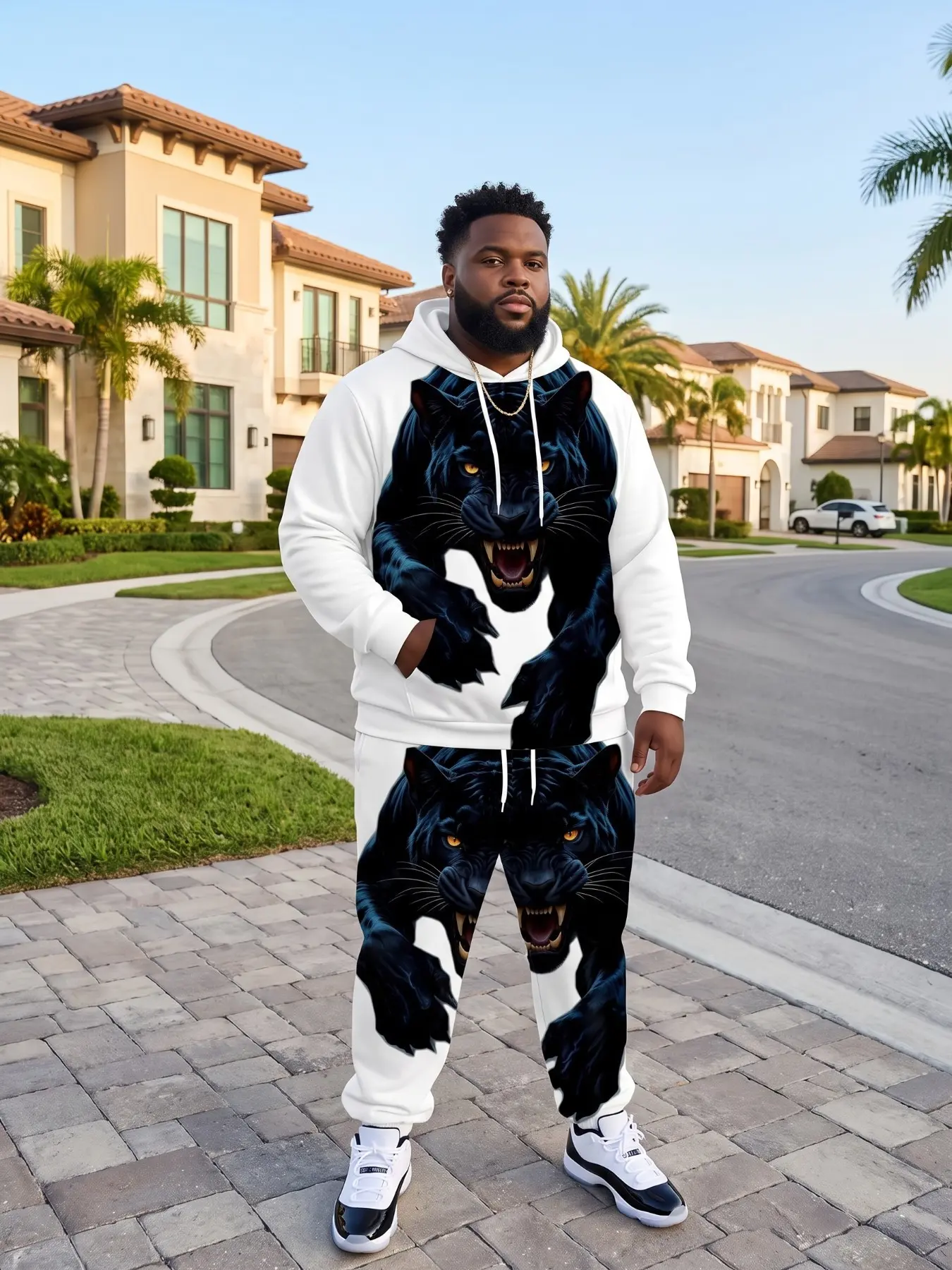 Plus Size Men's 2-Piece Sweatshirt and Pants Set, Bold Leopard All-Over Print, Casual Streetwear, Slim Fit, All Seasons