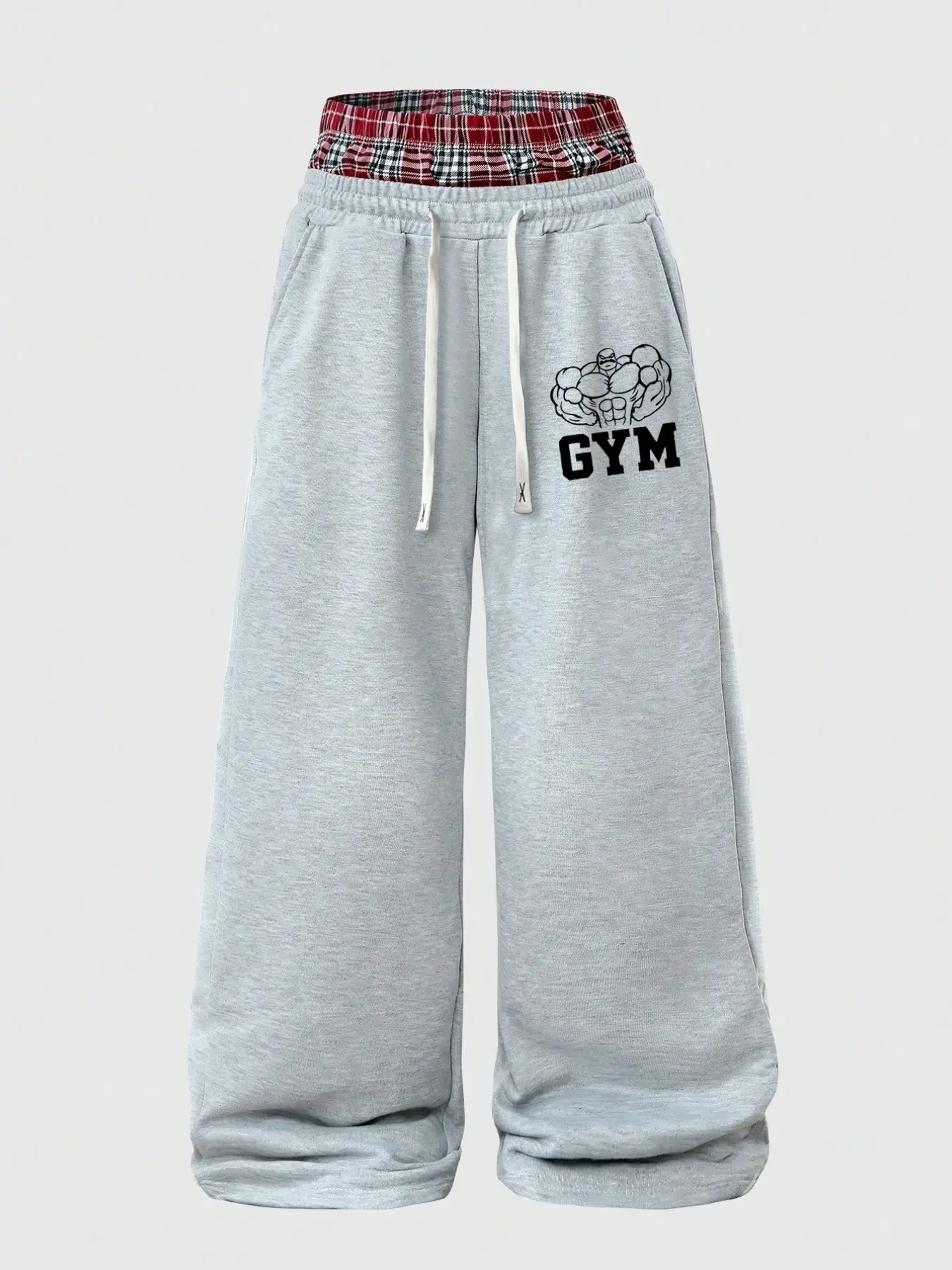 Men Double Waist Plaid Layered Gym Wide Leg Sweatpants, Casual Sports Pants, Loose Straight Workout Joggers Breathable Soft Casual Trousers