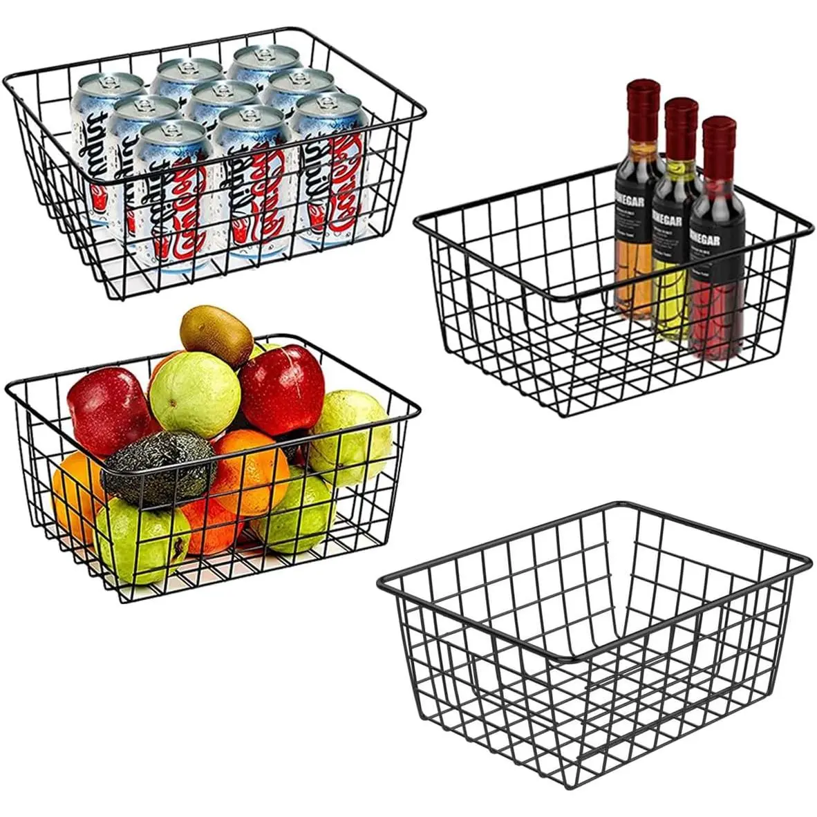 Wire Baskets for Organizing, 4 Pack Household Pantry Basket Black Metal Storage Bins Wire Storage Baskets Metal Baskets for for  Office Kitchen, Bathroom
