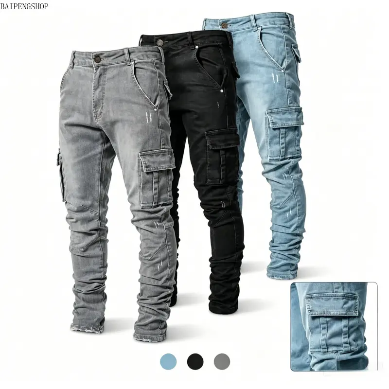 Men's Slim-Fitting Washed Denim Cargo Jeans - Stretch Pocketed Denim, Distressed Look, Lightweight, Ankle-Length Raw Hem, Soft Durable Utility Trousers for Daily Wear, Urban Streetwear Menswear Bottoms, Straight Leg, Stretch Utility, Casual, Pants, Multip