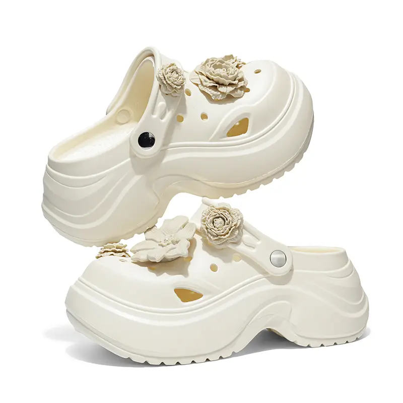 Women's Platform Clog Shoes - EVA Thick Sole, 3D Flower Charms, Non-Slip, Convertible Round Toe Footwear for All Seasons, Holiday Street, Indoor Outdoor Beach Use, Shoe, Slipper