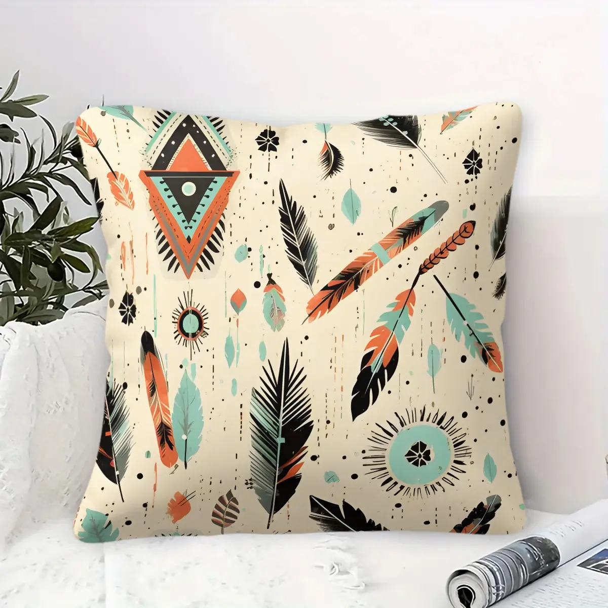 Bohemian-Style Tribal Feather Geometric Pattern Throw Pillow, Retro Abstract Sun Print Accent Pillow, Soft and Comfortable Office Or Leisure Cushion, Light Cream Base Color, Soft and Versatile Native American Style Home Decor (1 Pcs + Pillow Insert).