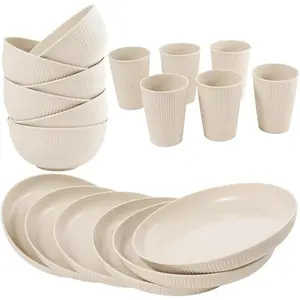 Father's Day Gift |     36-Piece Wheat Straw Dinnerware Set for 6, Unbreakable Reusable Plates Bowls Cups & Cutlery, Microwave & Dishwasher Safe Portable Dishes for Patio, RV, Camping & Outdoor Use