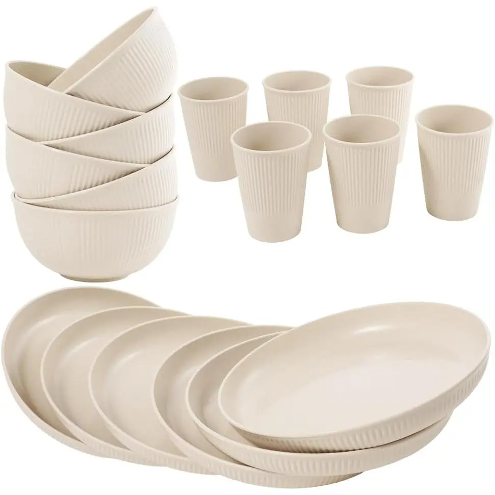 36/18-Piece Reusable Wheat Straw Dinnerware Sets for 6~12, Unbreakable Reusable Set Kitchen Cups, Plates, Bowls Sets & Cultery Dishwasher Microwave Safe - Patio, Outdoors, RV, Camping Dishes
