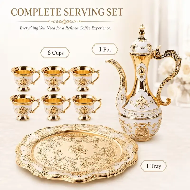 Golden Arabic Coffee Pot Set with 6 Cups & Tray, Zinc Alloy Dallah Tea Pot, Luxury European Coffee Serving Set for Home Decor & Gifts