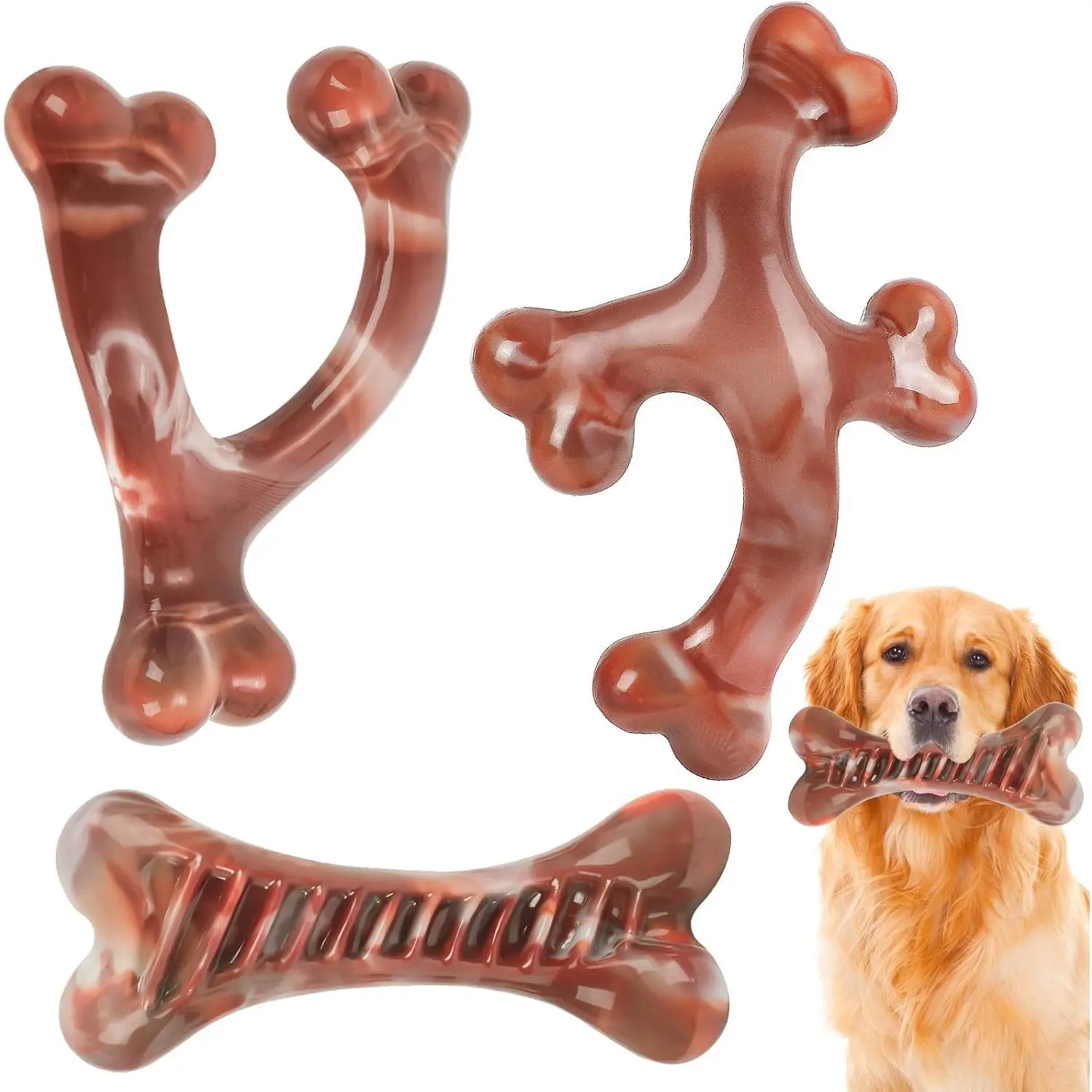 3-Pack Indestructible Dog Chew Toys - Food-Grade Nylon, Bacon-Flavored for Medium & Large Breeds, Durable Pet Chew Toy