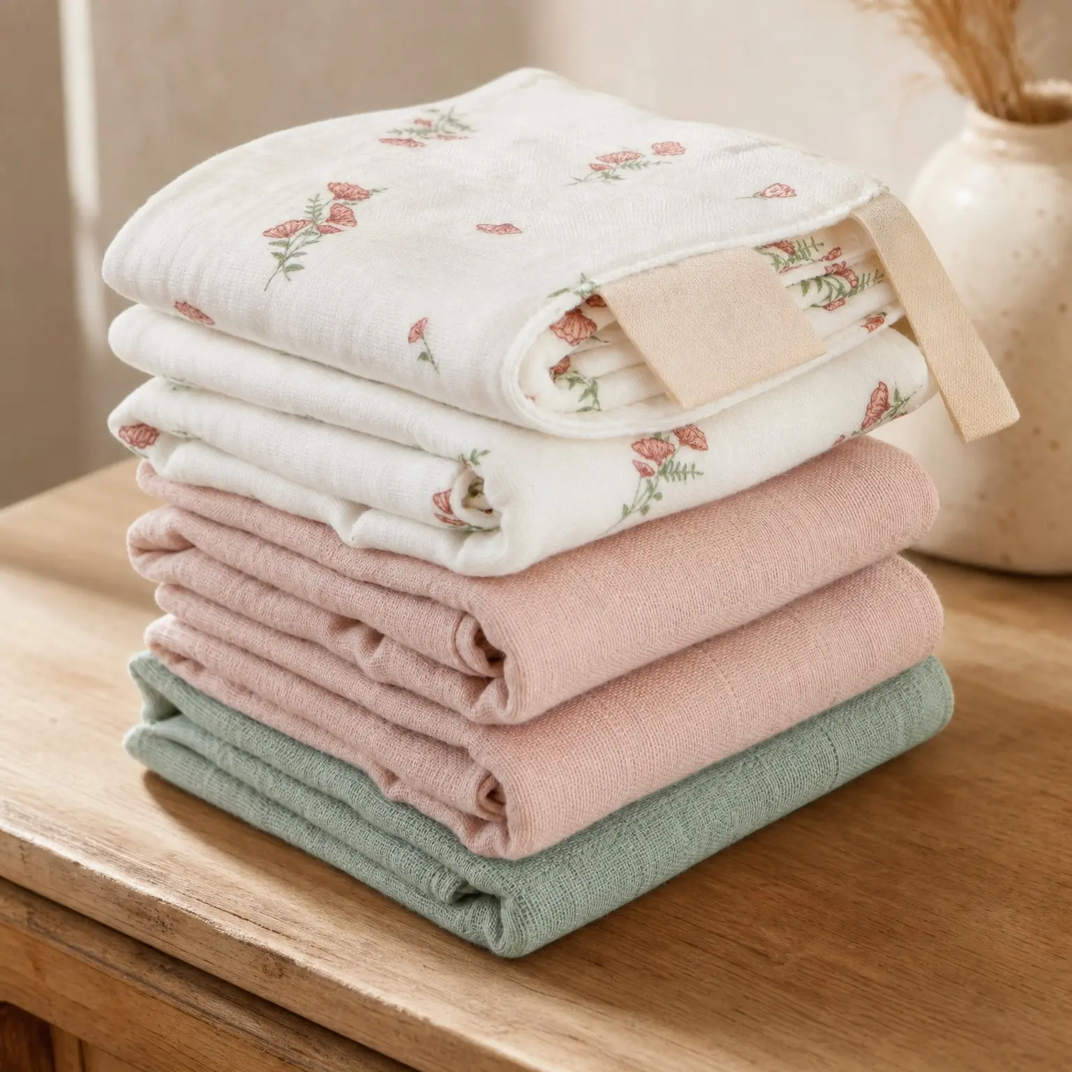 Organic Cotton Muslin Washcloths 5-Pack (Pink Flowers Combo) | Soft Baby Wipes for Bathing & Cleanups(Gift)