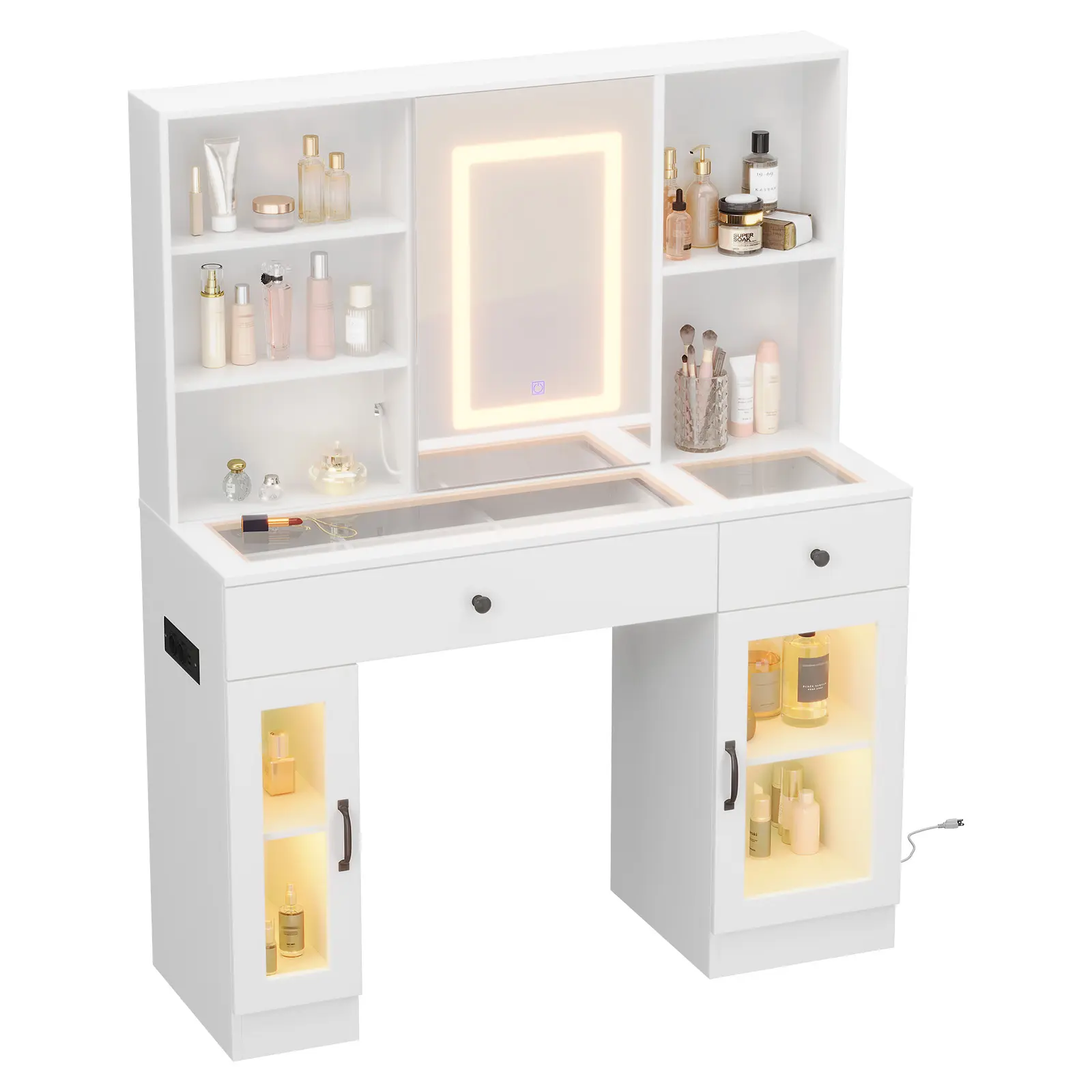 Modern Sliding Mirror Vanity Desk – 3-Color LED Lights, USB Outlets – 7 Drawers, 6 Shelves & Cabinets – Makeup Vanity Table for Bedroom/Dressing Room – MDF, Easy Assembly