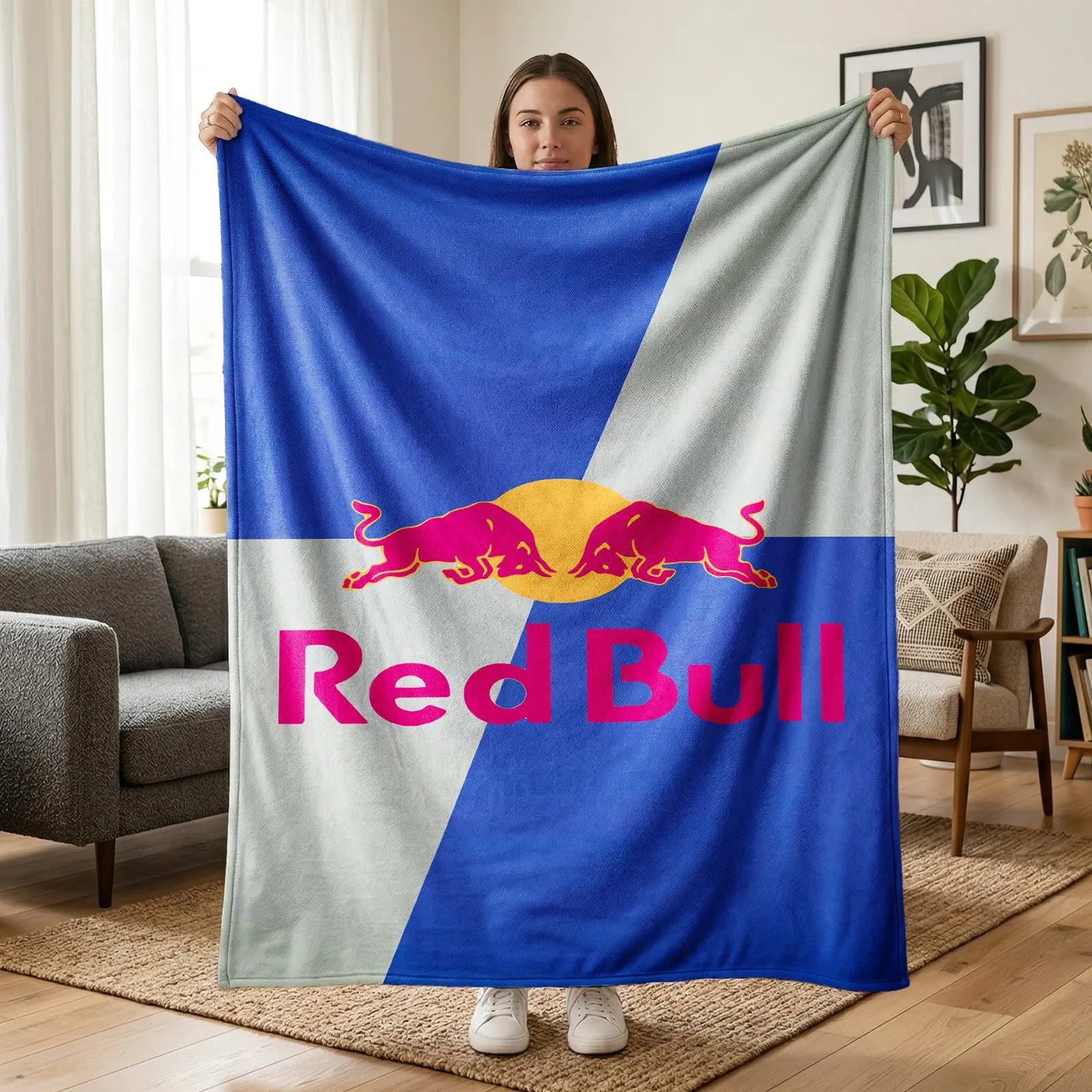 1pc Red Bull Sports Brand Fleece Blanket, Twin Bull Logo, Sun Graphic, Blue White Geometric Background & Brand Letter Print, Trendy Extreme Sports Style. Soft Multi-use Throw for Sofa, Bed, Office, Camping, Perfect Christmas Gift.