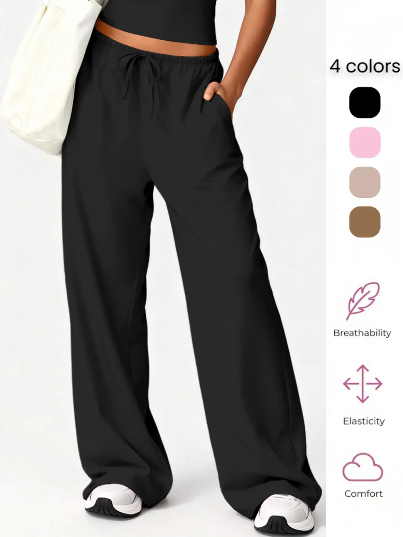 Women's High-Waisted Sporty Wide-Leg Pants, Soft Breathable Stretch Fabric, Ideal for Gym, Home, Street Style, Daily Commute