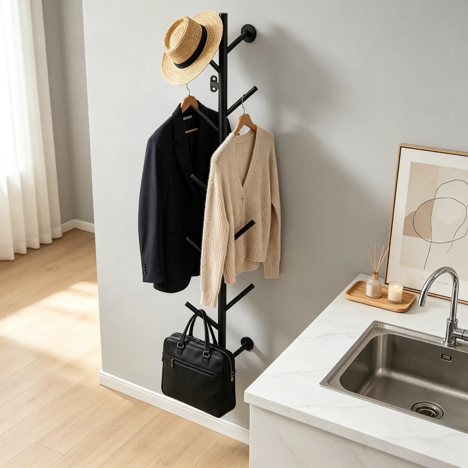 SICANDAENHK Modern Minimalist Black Wall-Mount Branch-Shape Coat Rack, Corrosion-Resistant Multi-Pronged Metal Home Organizer (1.76 lb, 120 lbs Capacity) with 10 Hooks for Entryway, Bedroom