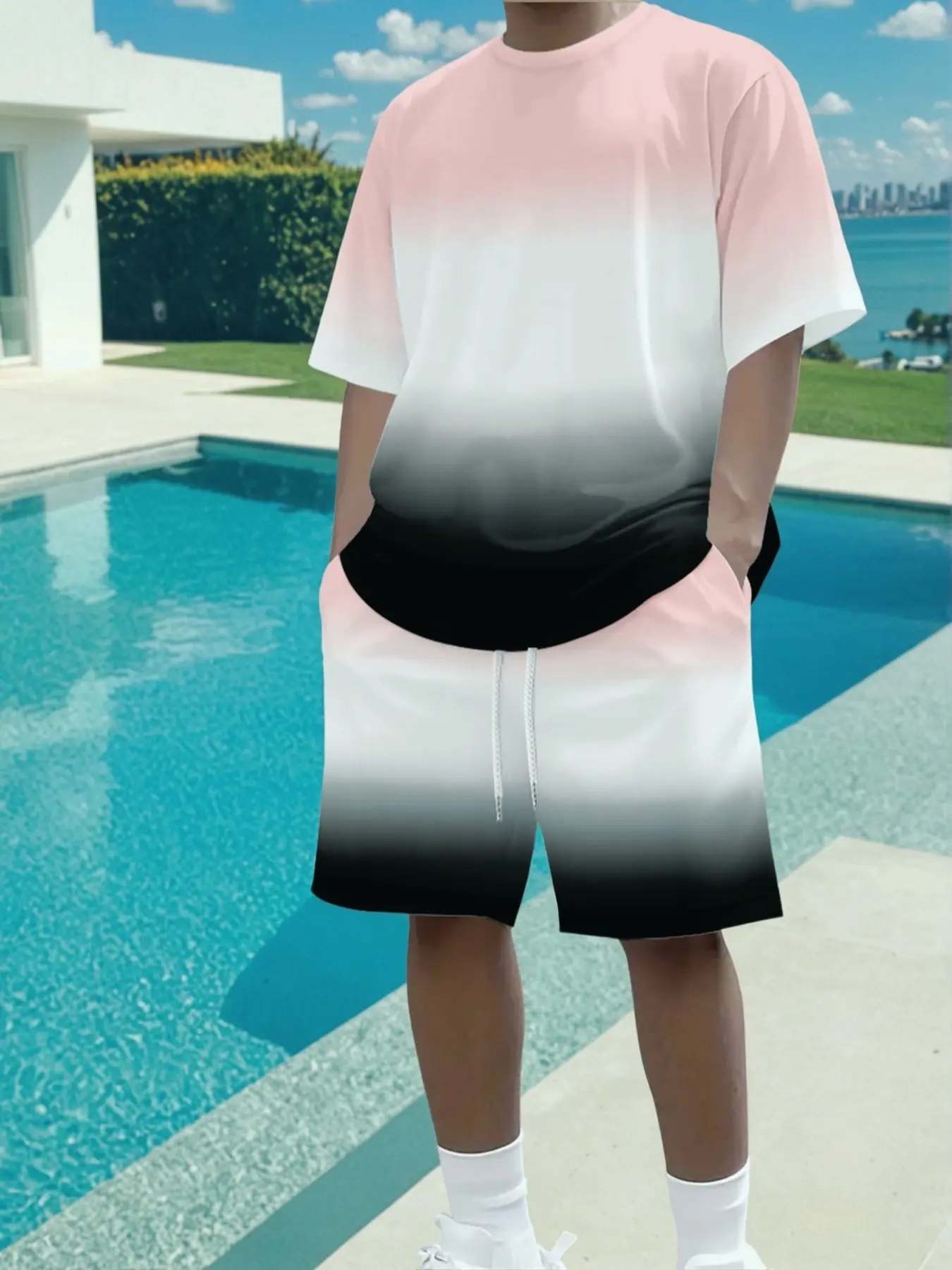 Men's short-sleeved shorts set, two-piece outfit with gradient fluid print in contrasting colors, a light and trendy summer outdoor wear combination