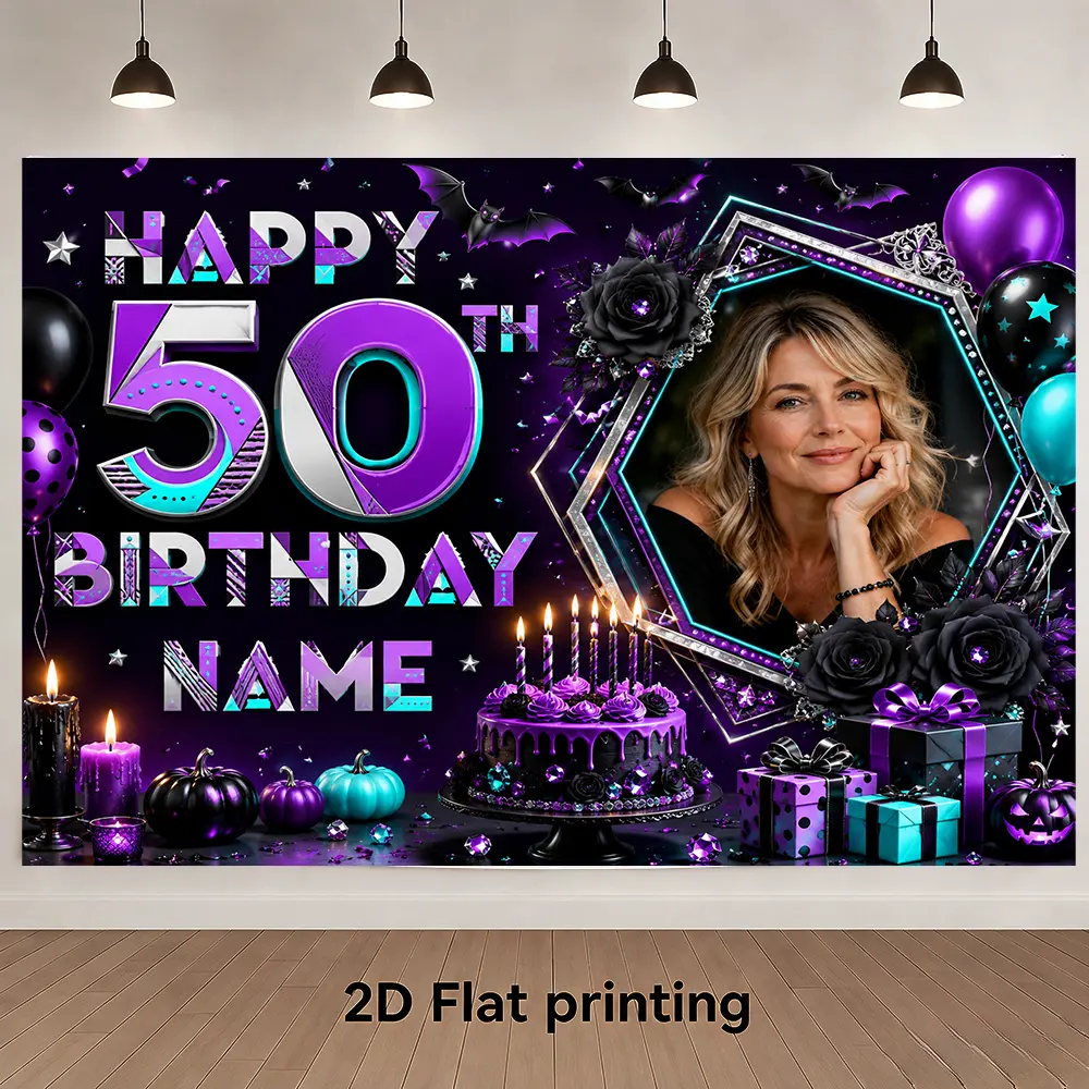 Custom 50th Birthday Backdrop, Purple Black Photo Name Decor