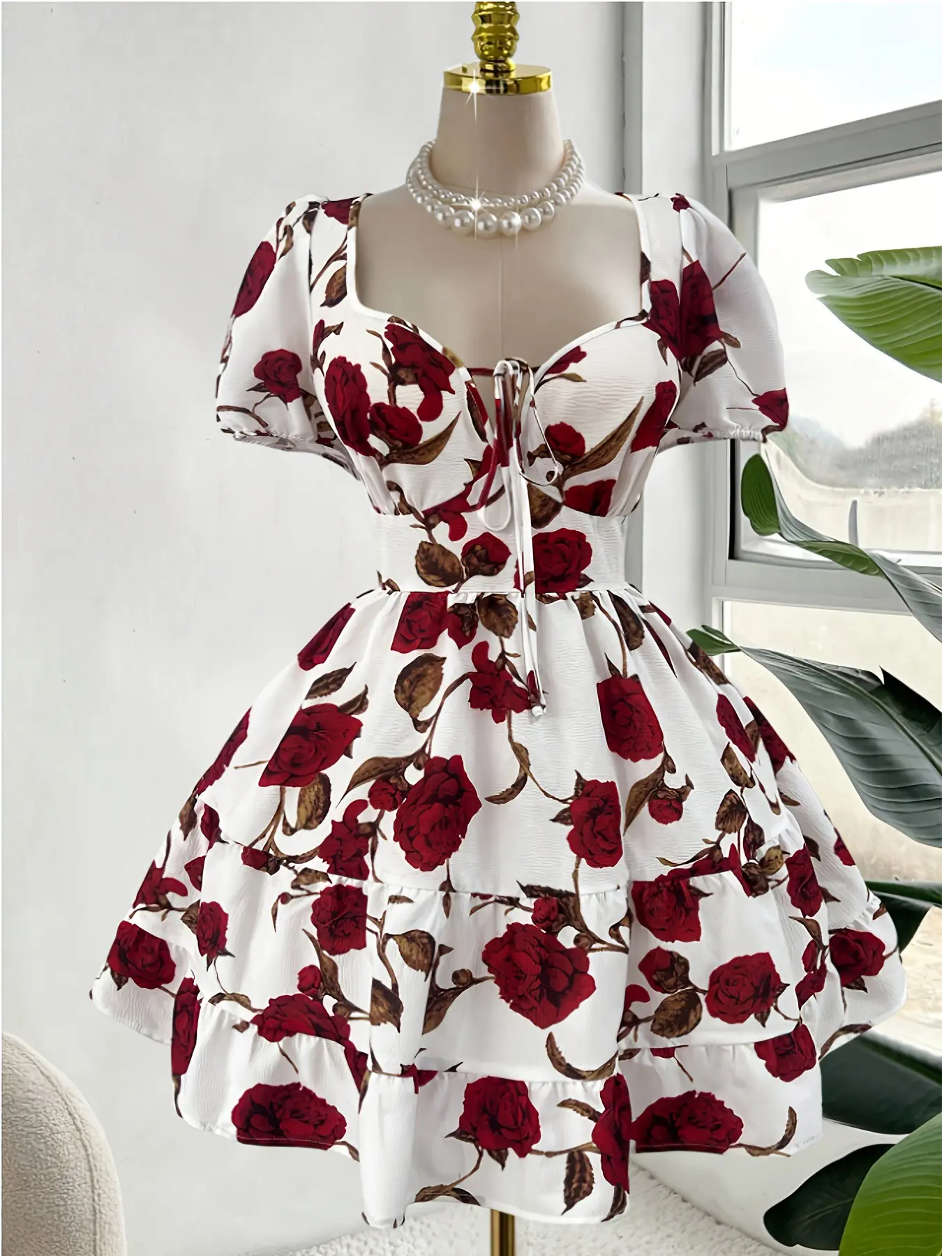 Women's Heart Neckline Floral Rose Print Bubble Sleeve Layered Tiered Short Dress, Stylish Casual Summer, Perfect for Daily Wear & Special Occasions