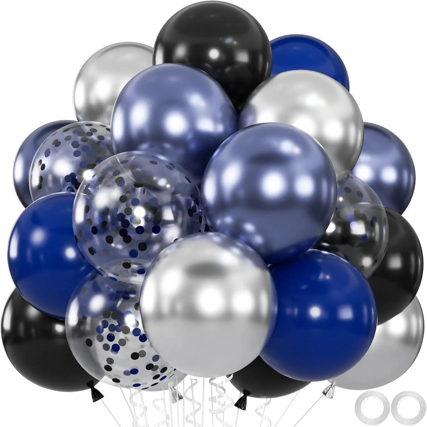 12-in Latex Balloon Set (60pcs) - Blue, Black, Navy, Metallic Blue & Silver Confetti Kit with Flowers, Festive Supplies for 2026 Graduation, Birthday, Balloon Arch, Gender Reveal Decorations