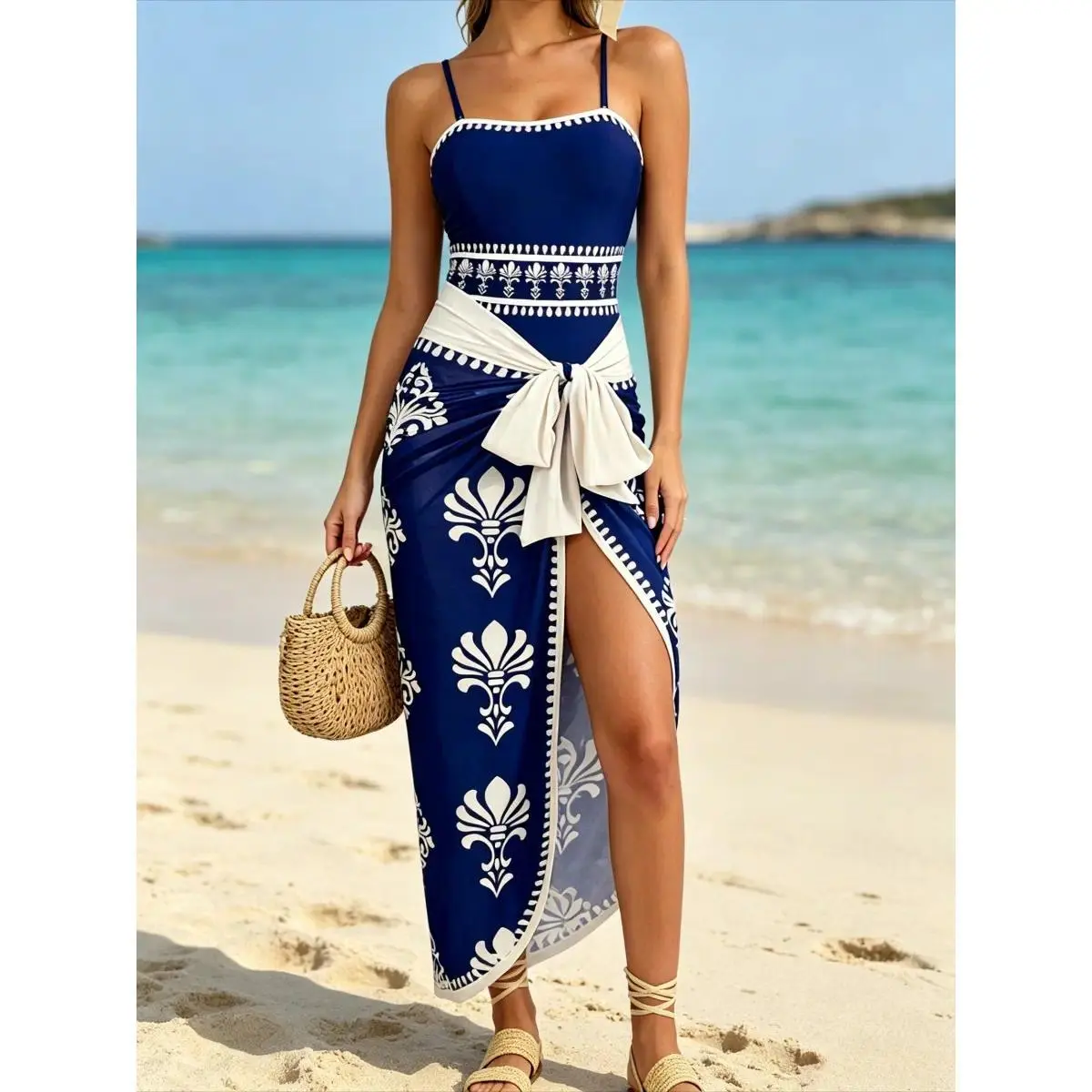 Women’s 2026 Navy Blue Ornate Print Curve Hugging 2-Piece Bikini Swimwear Set - Spaghetti Strap Bathing Suit, Matching High-Waist Sarong Wrap Cover-Up, Machine Wash Cold, Tropical Resort Beach Outfit