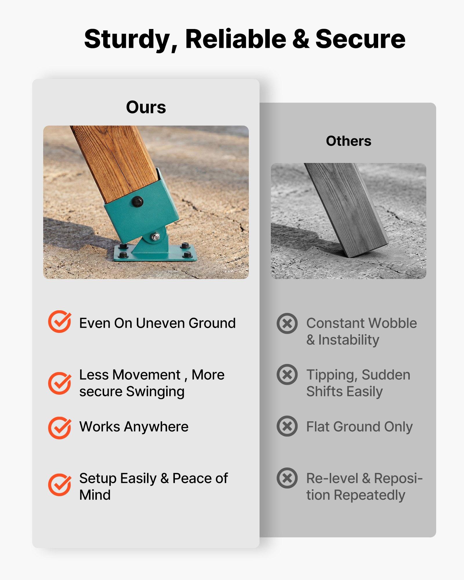 VEVOR Swing Set Brackets, 4 Pack Heavy Duty Swing Set Leveling Hardware, Fits 4 x 4 in Post (Actual 3.6 x 3.6 in), 45°-60° Angle Range, Stainless Steel Anchor Level Kit on Uneven Grass Wooden Ground