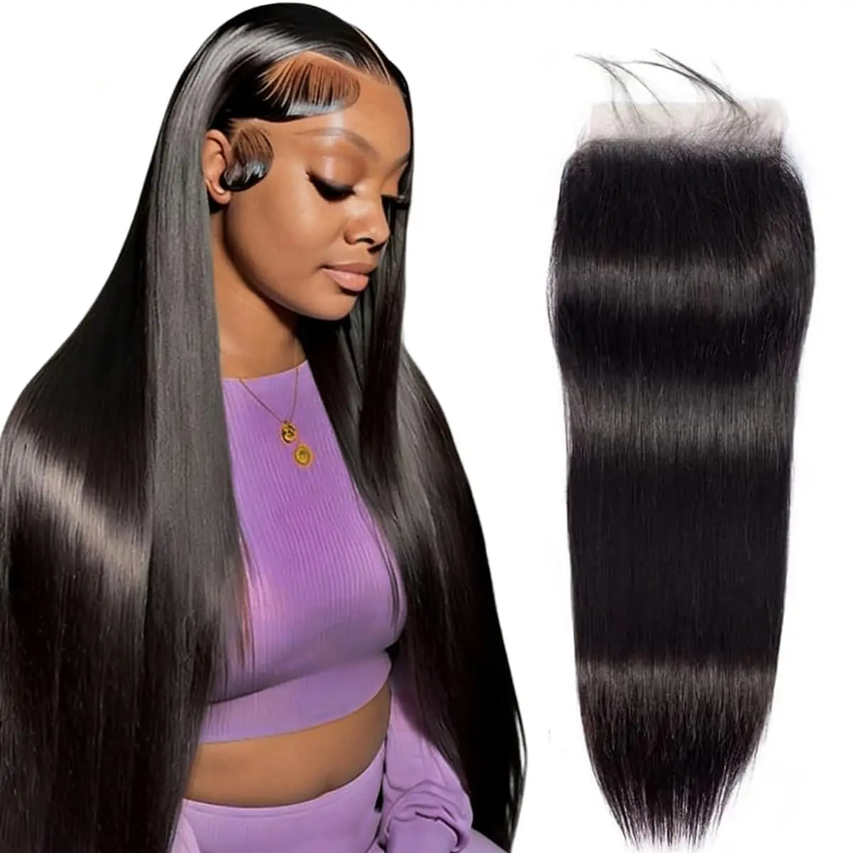 Lace Closure 5x5  Lace Closure Straight 12 Inch lace frontal Brazilian Human Hair Extensions for Black Women Ultra-thin Invisible Closure Pre Plucked with  Hair  Black Color