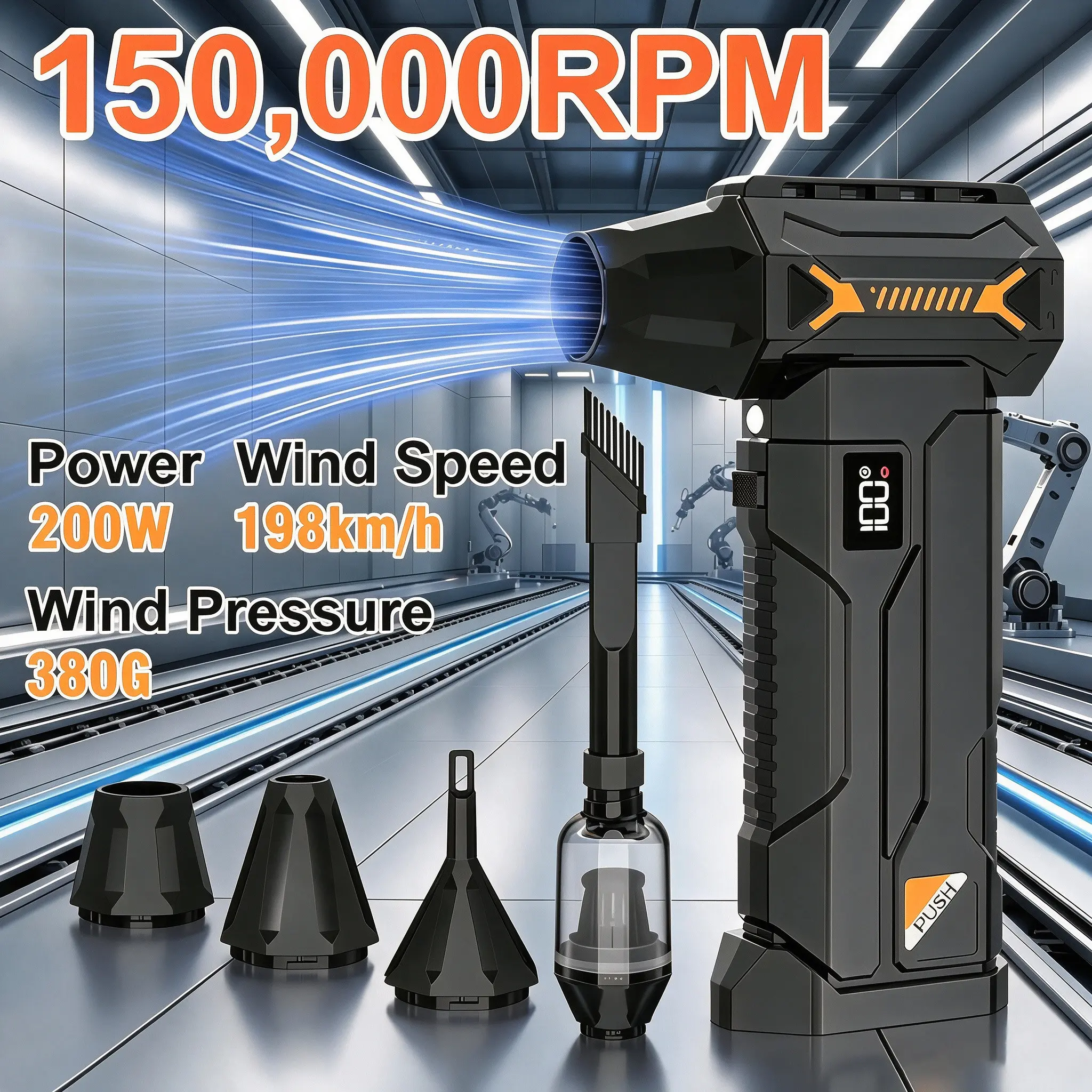 150,000RPM Turbo Air Duster with LED Display, 200W High Power Electric Compressed Air Blower, 198km/h Strong Wind Jet Cleaner, Adjustable Speed Control for PC Keyboard, Car Detailing, Pet Hair, Electronics & Dust Removal